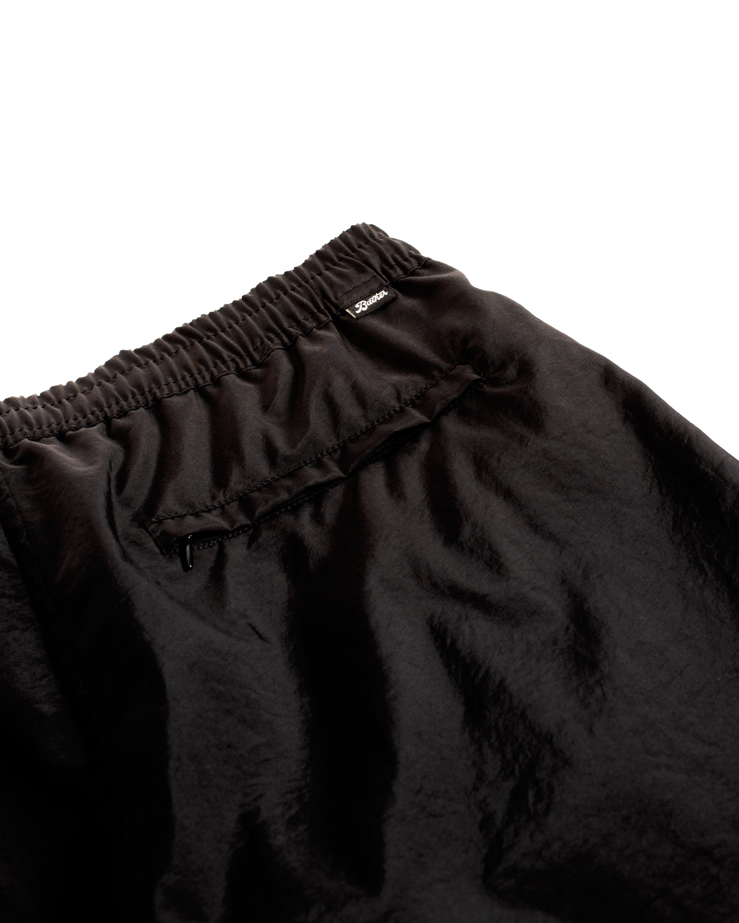 Detail close up view of men's shiny swim trunk in black featuring zipper closure back pocket on white background
