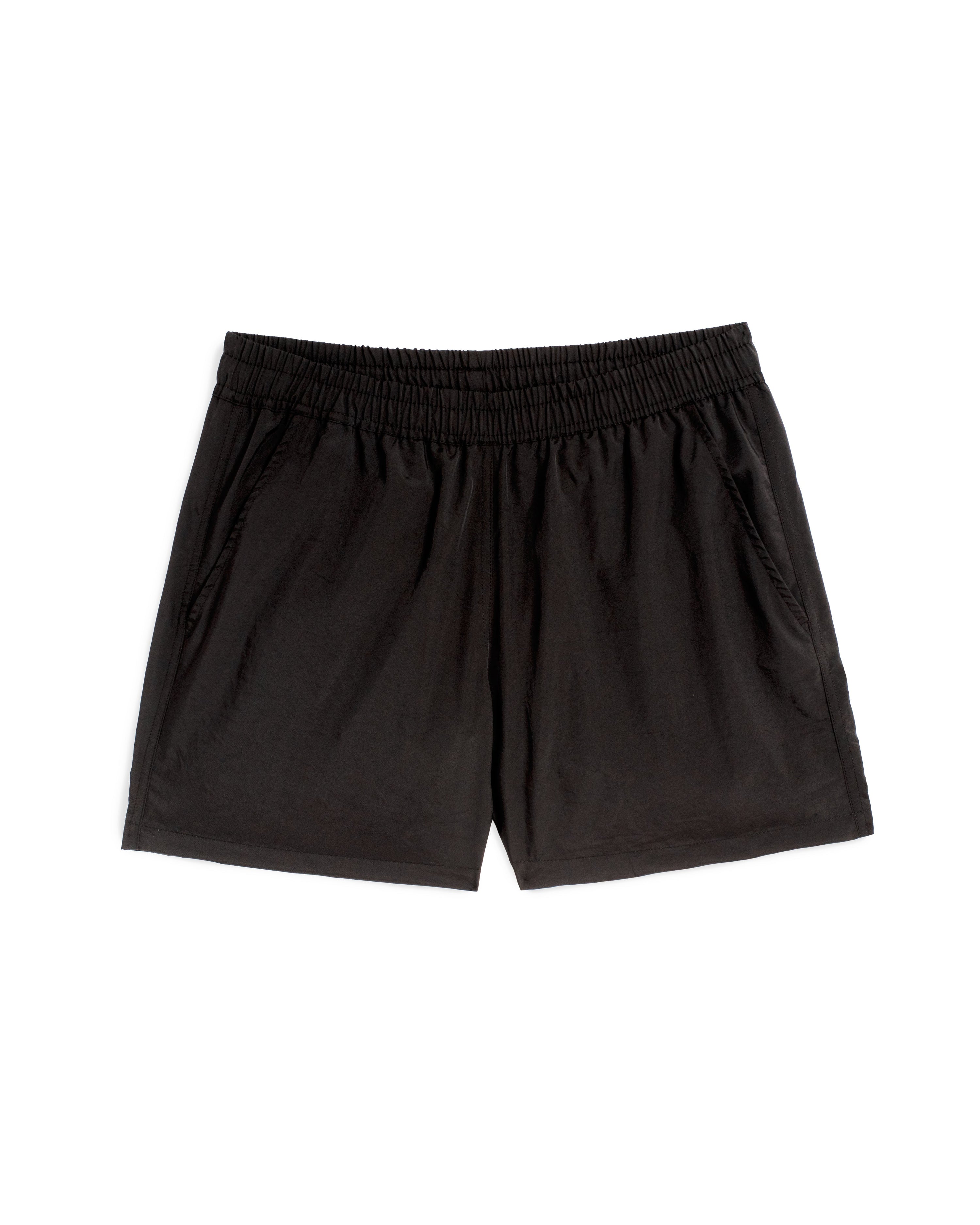 Men's shiny swim trunk in black featuring an elastic drawstring waistband on white background