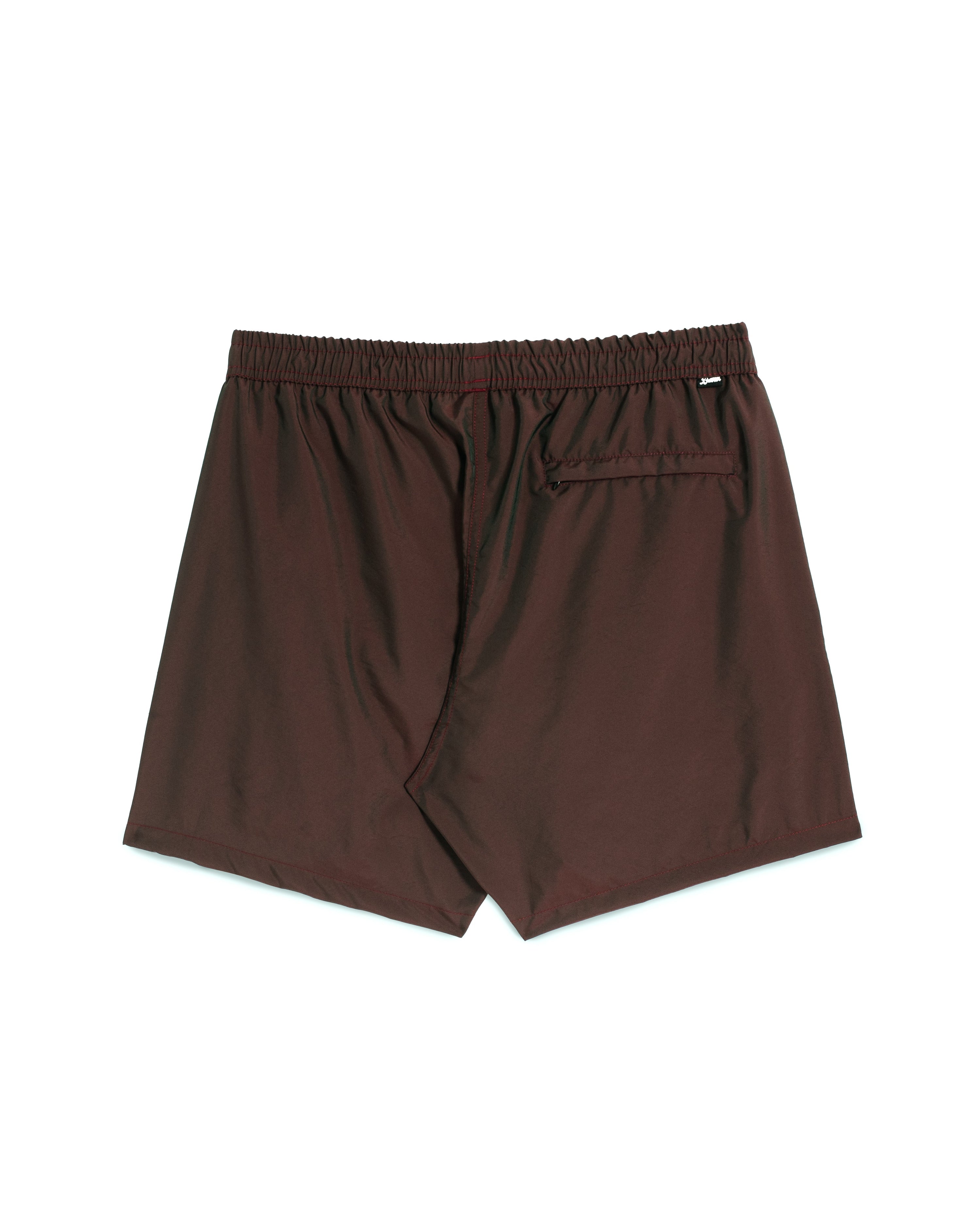 Rear view of men's shiny swim trunk in brown featuring zipper closure back pocket
