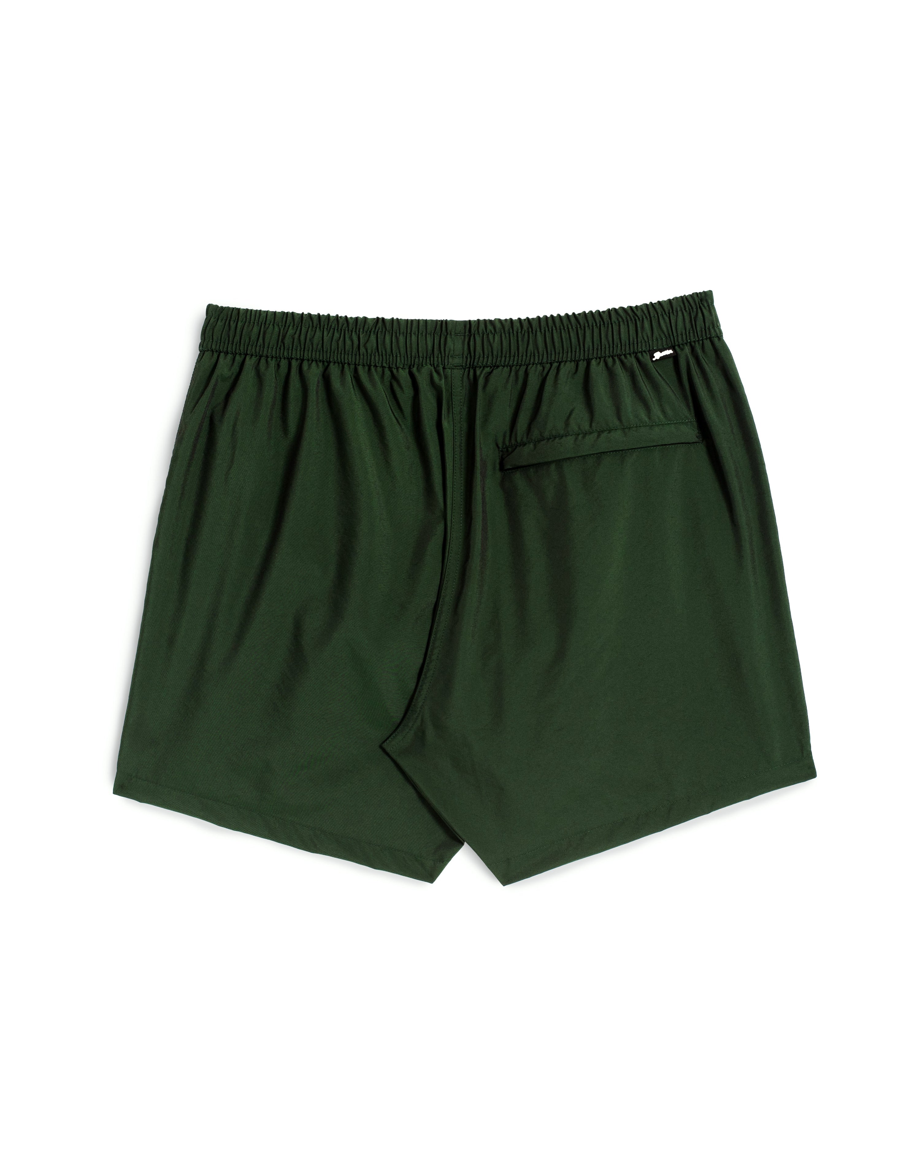 Rear view of men's shiny swim trunk in dark green featuring zipper closure back pocket