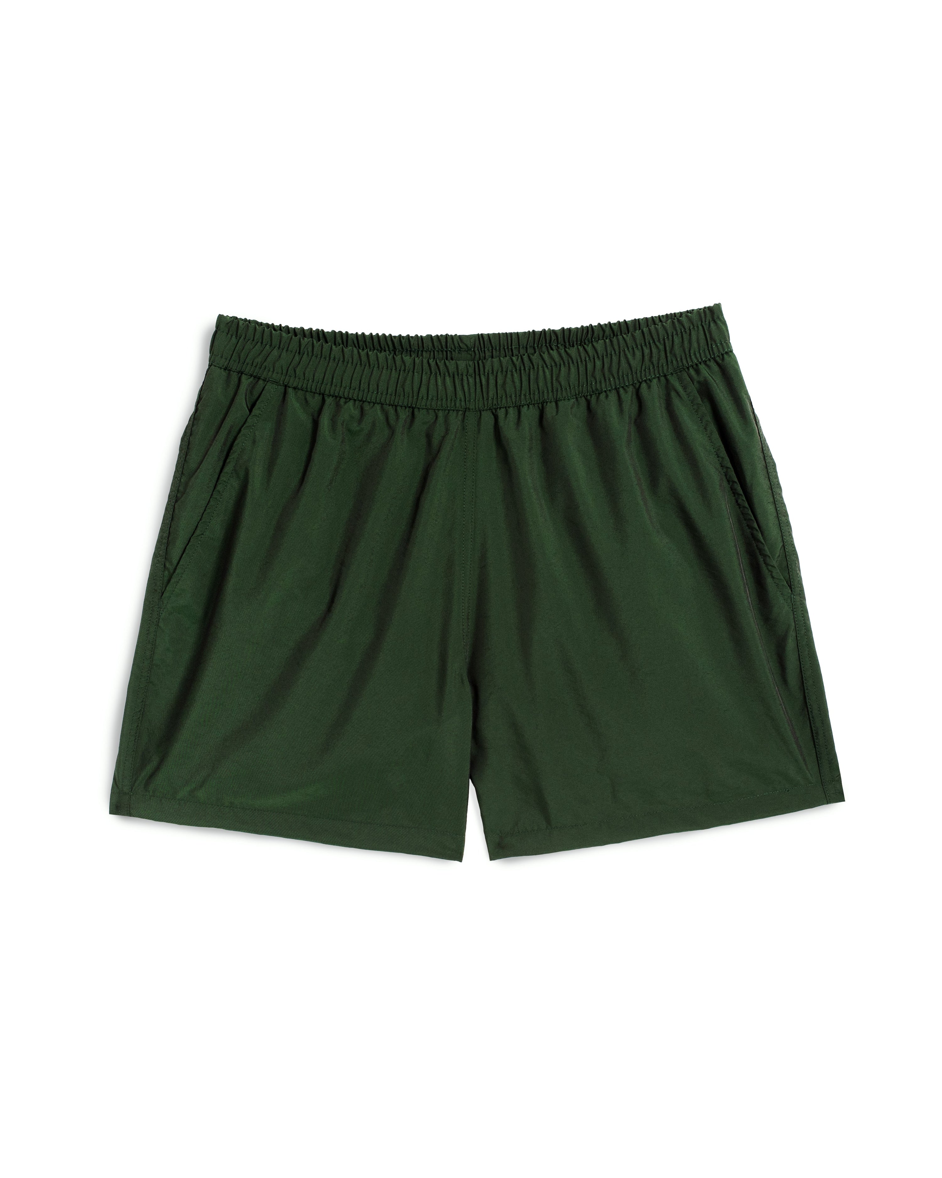 Men's shiny swim trunk in dark green featuring an elastic drawstring waistband on white background