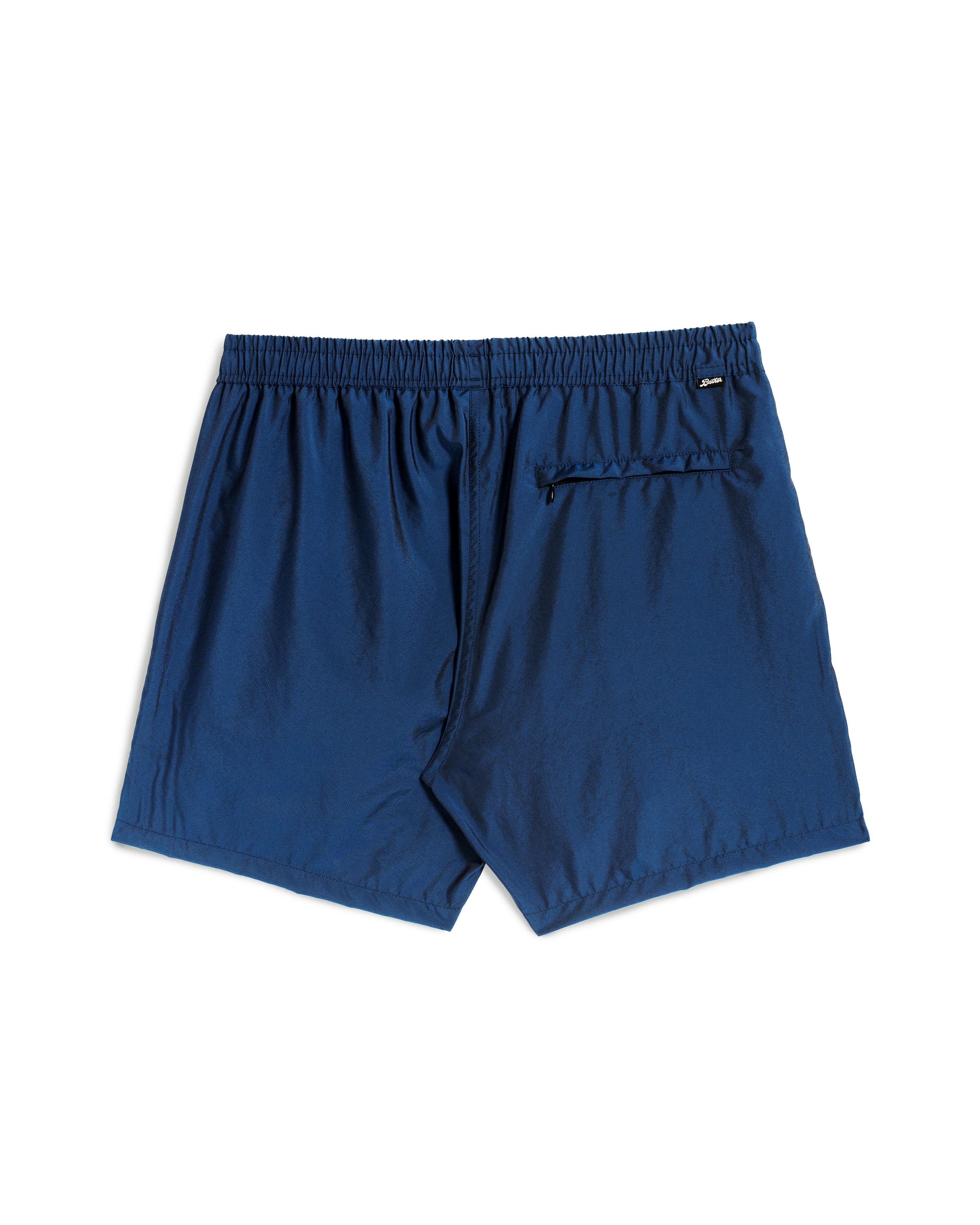 Rear view of men's shiny swim trunk in dark blue featuring zipper closure back pocket