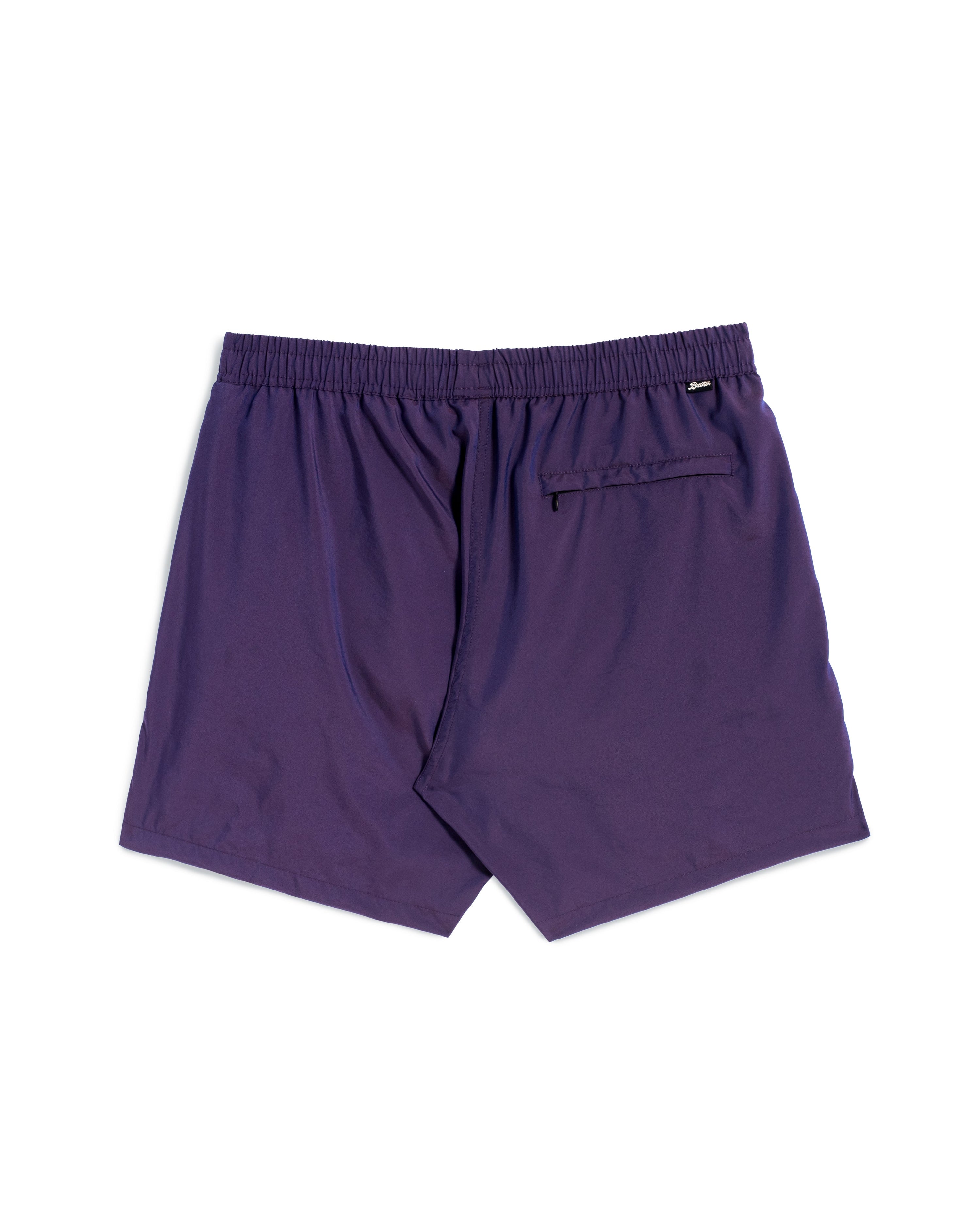 Rear view of men's shiny swim trunk in dark purple featuring zipper closure back pocket