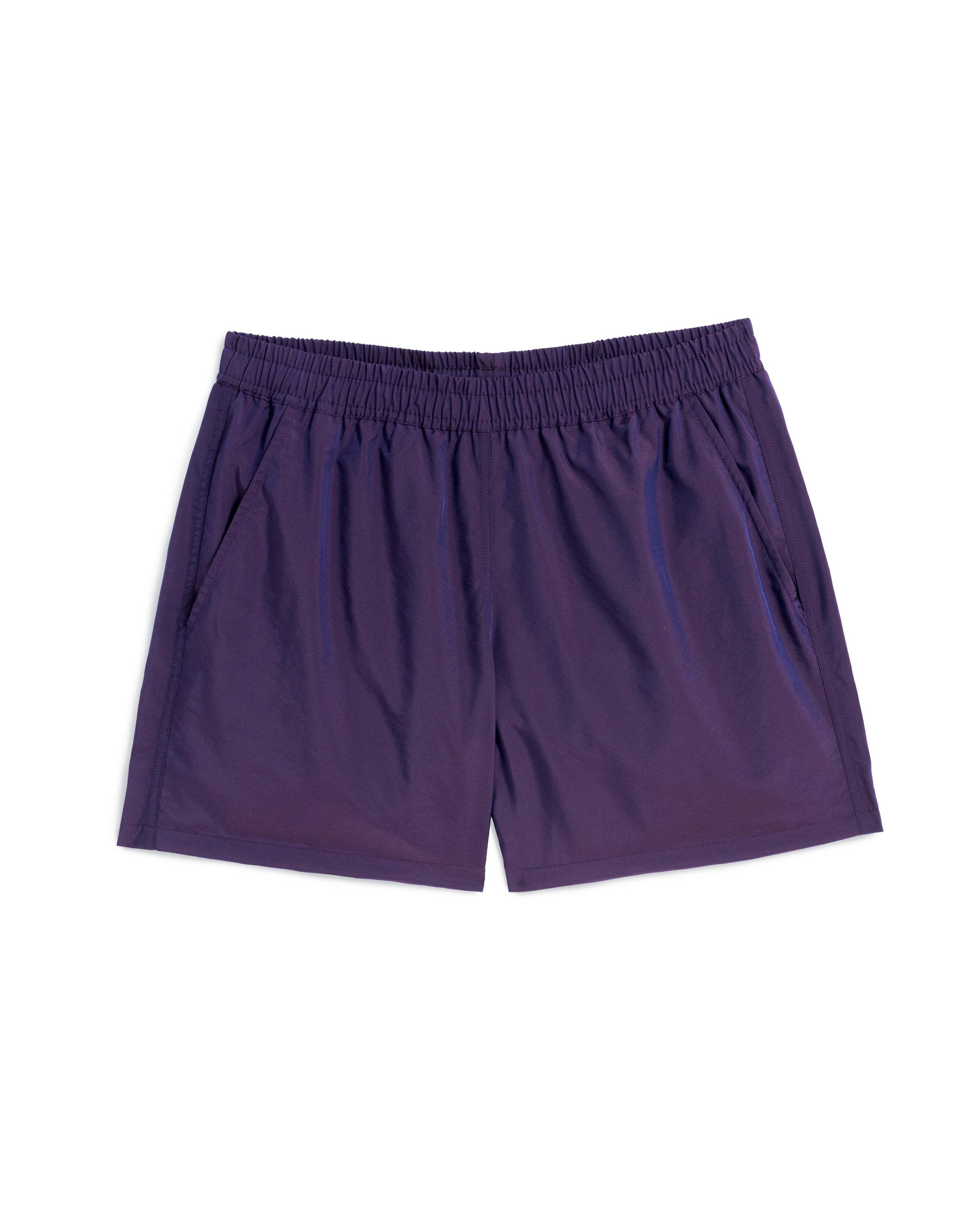 Men's shiny swim trunk in dark purple featuring an elastic drawstring waistband on white background