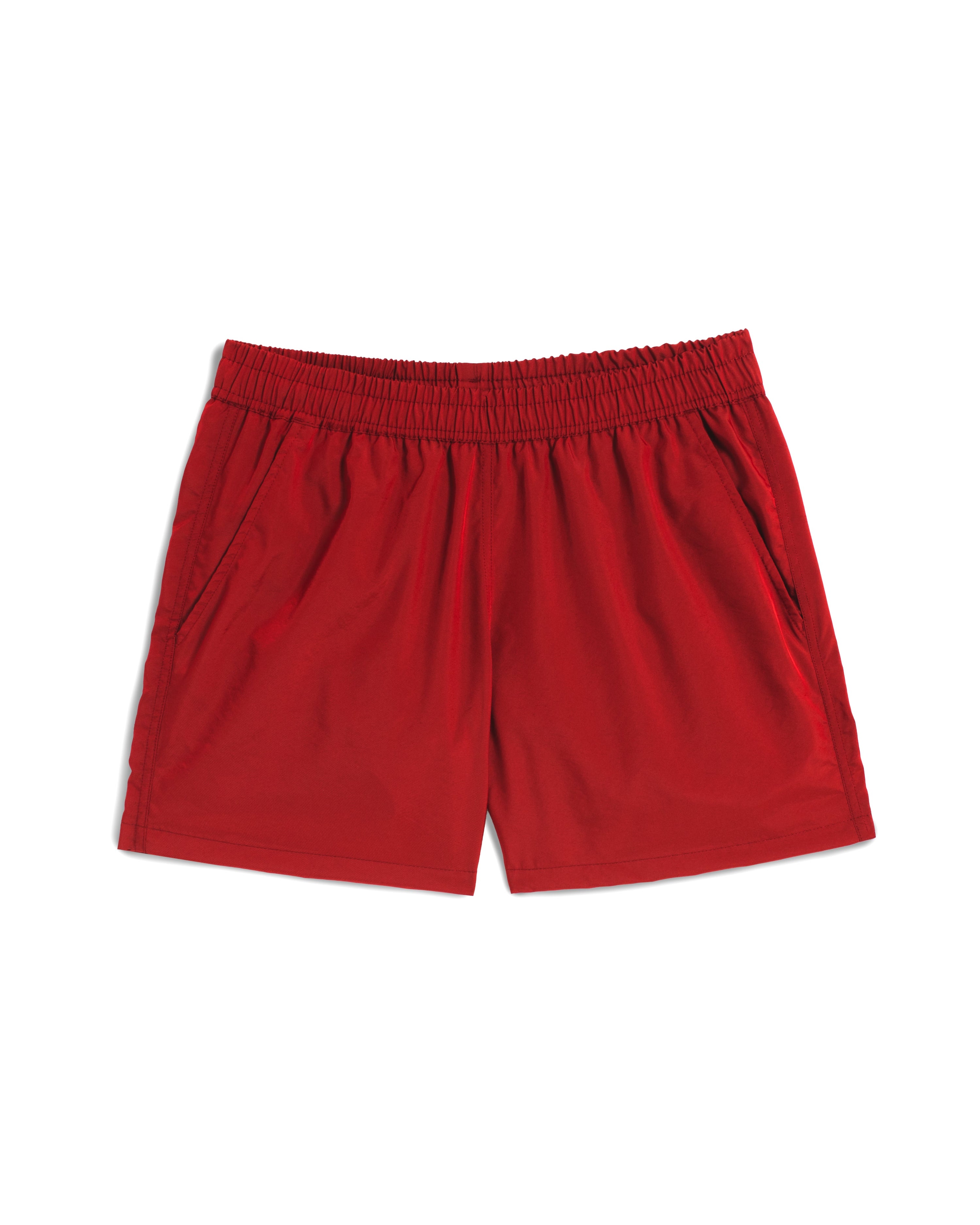 Men's shiny swim trunk in red featuring an elastic drawstring waistband on white background