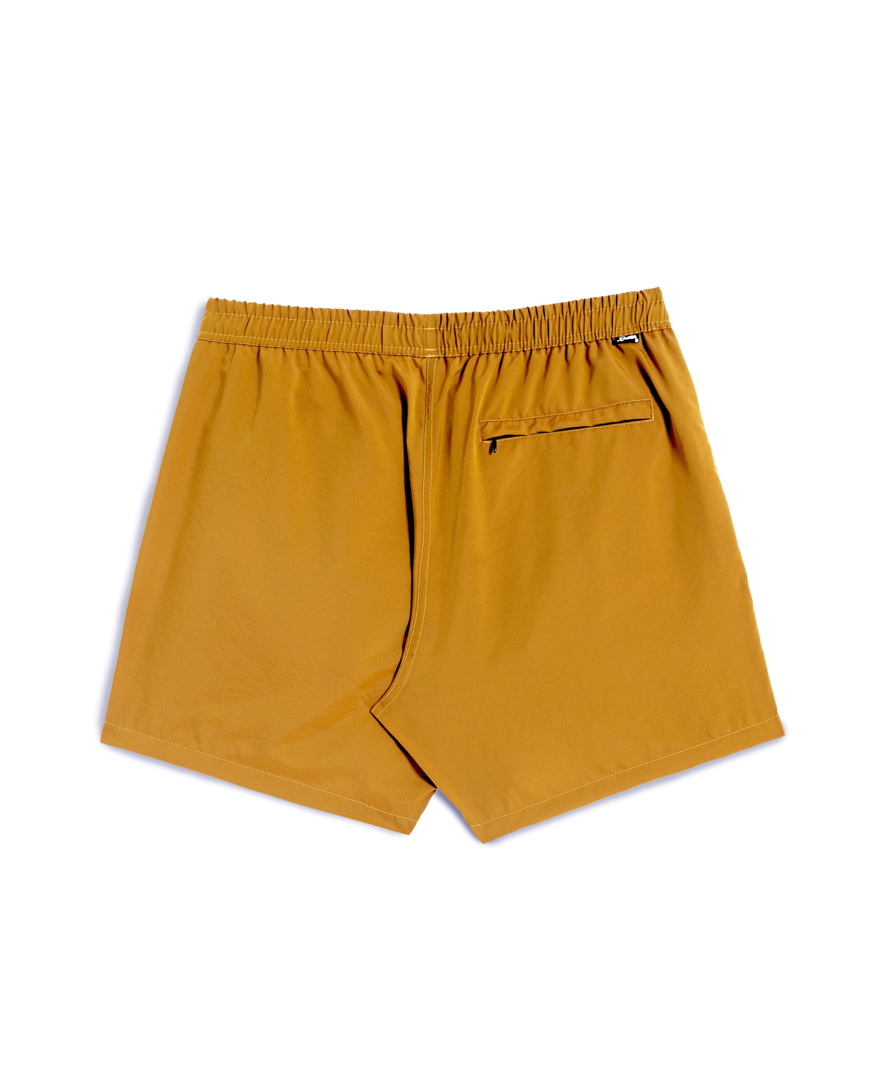 Rear view of men's shiny swim trunk in mustard yellow featuring zipper closure back pocket