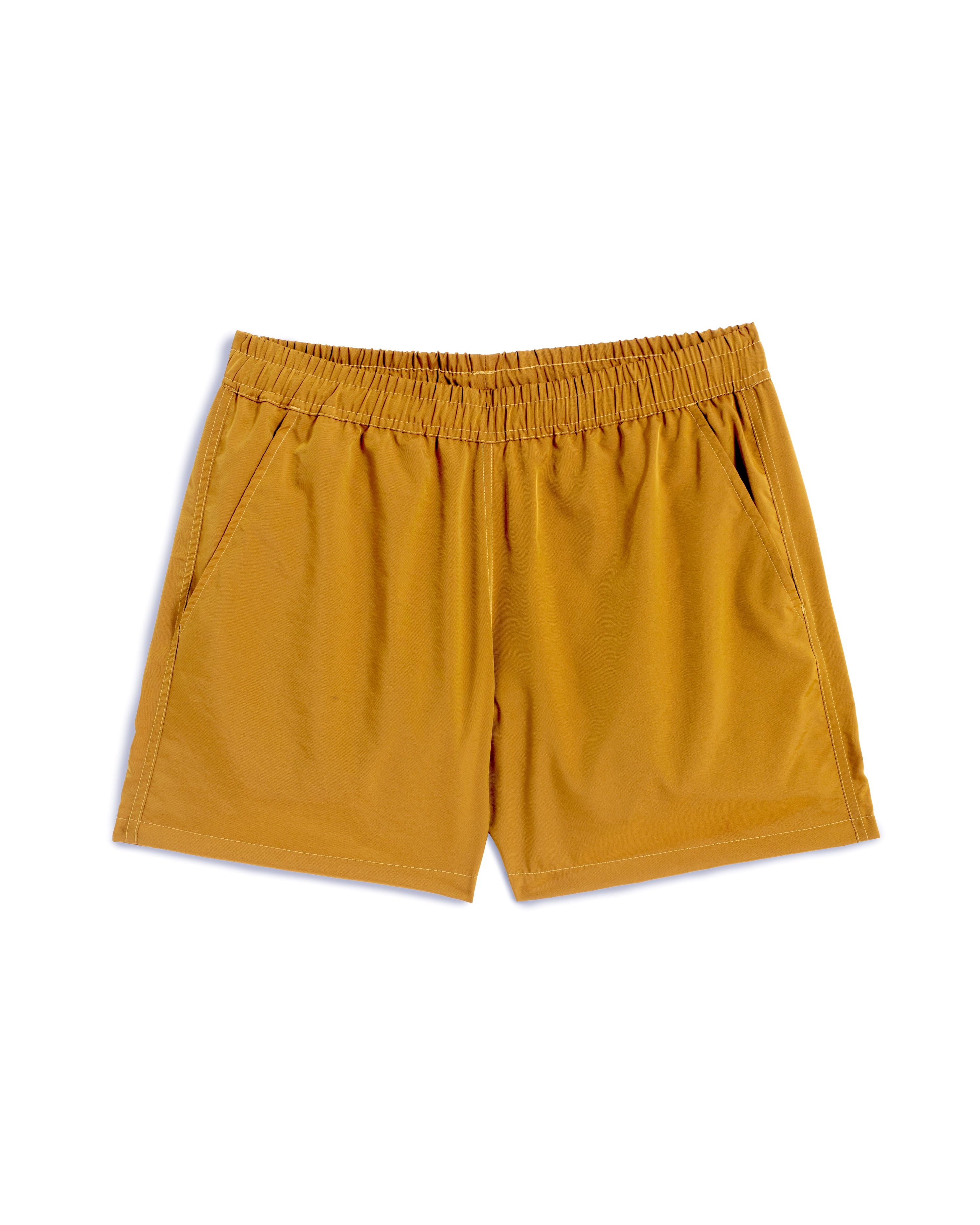 Men's shiny swim trunk in mustard yellow featuring an elastic drawstring waistband on white background