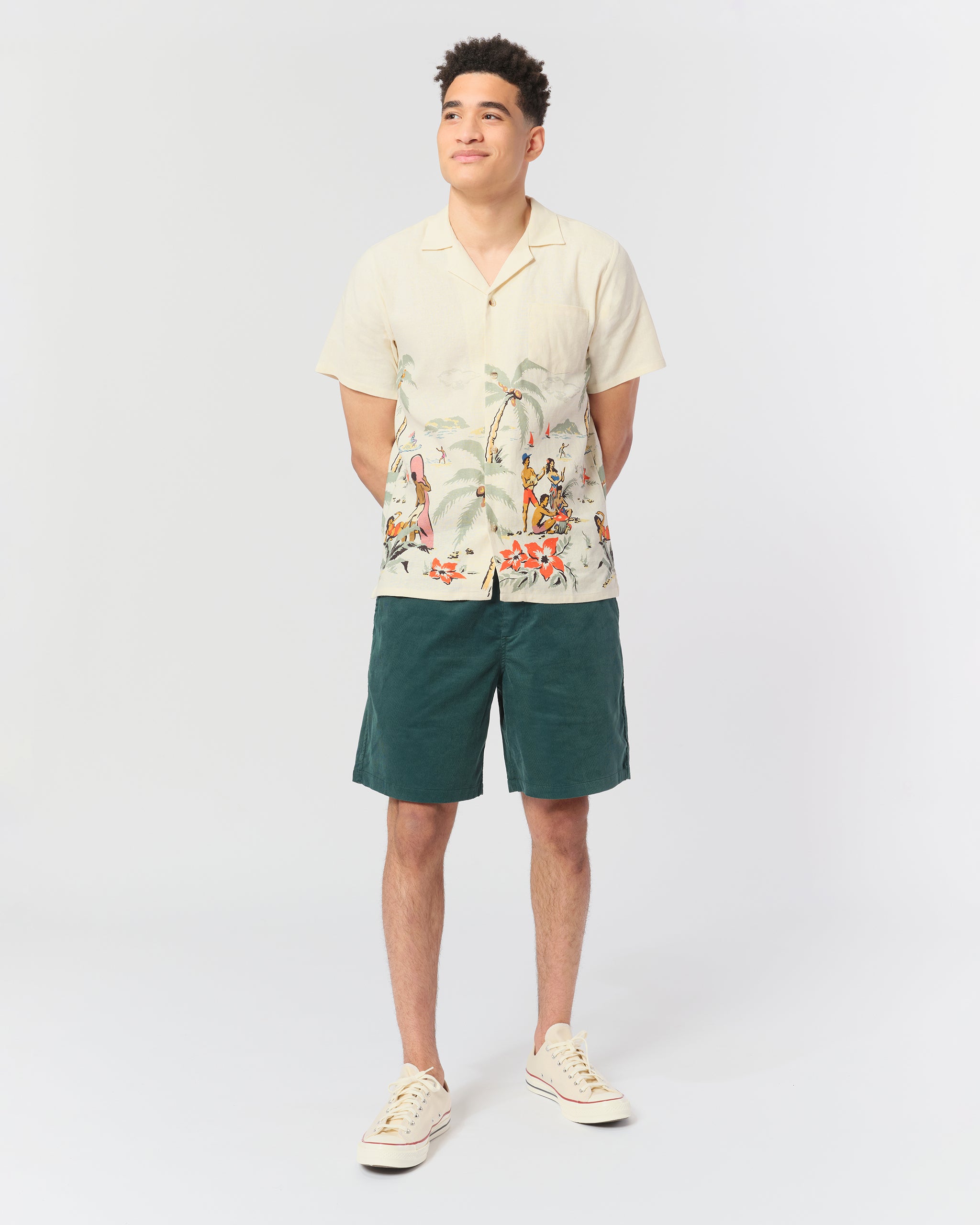 model wearing Forest Green Solid Corduroy Leisure Shorts