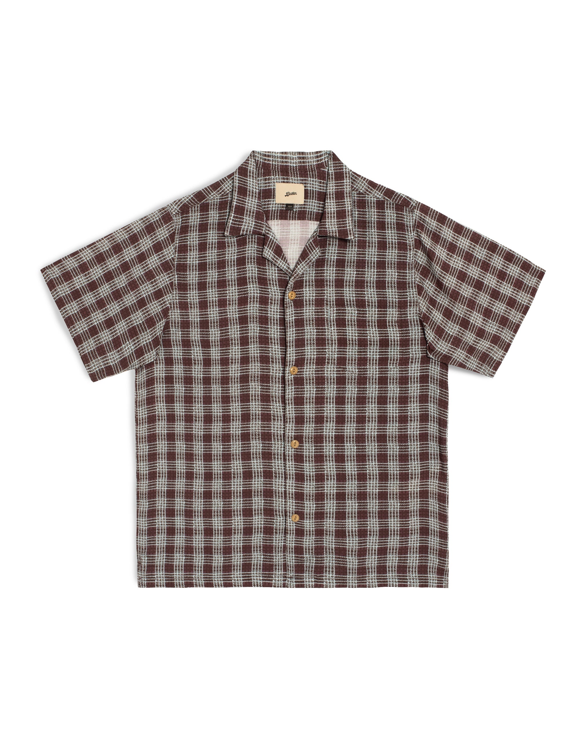 Front view of the Bather Men's Amethyst Tartan Camp Shirt featuring a hand-drawn purple and blue plaid pattern, a boxy fit, and an open camp collar against a white background.