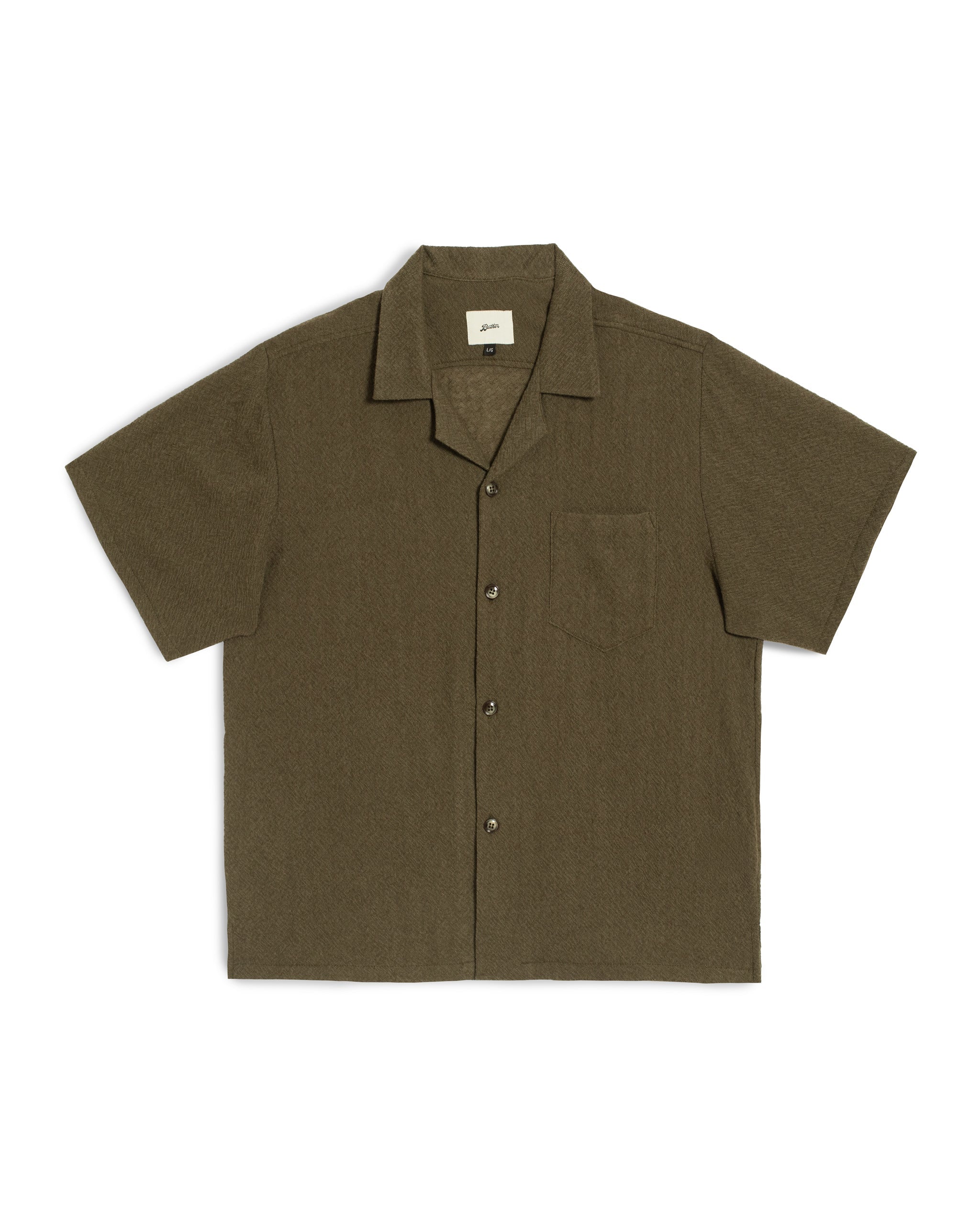 Front view of the Bather Men's Army Wool Gauze Camp Shirt, featuring a dark olive Japanese worsted wool fabric, a boxy fit, and a classic camp collar against a white background.