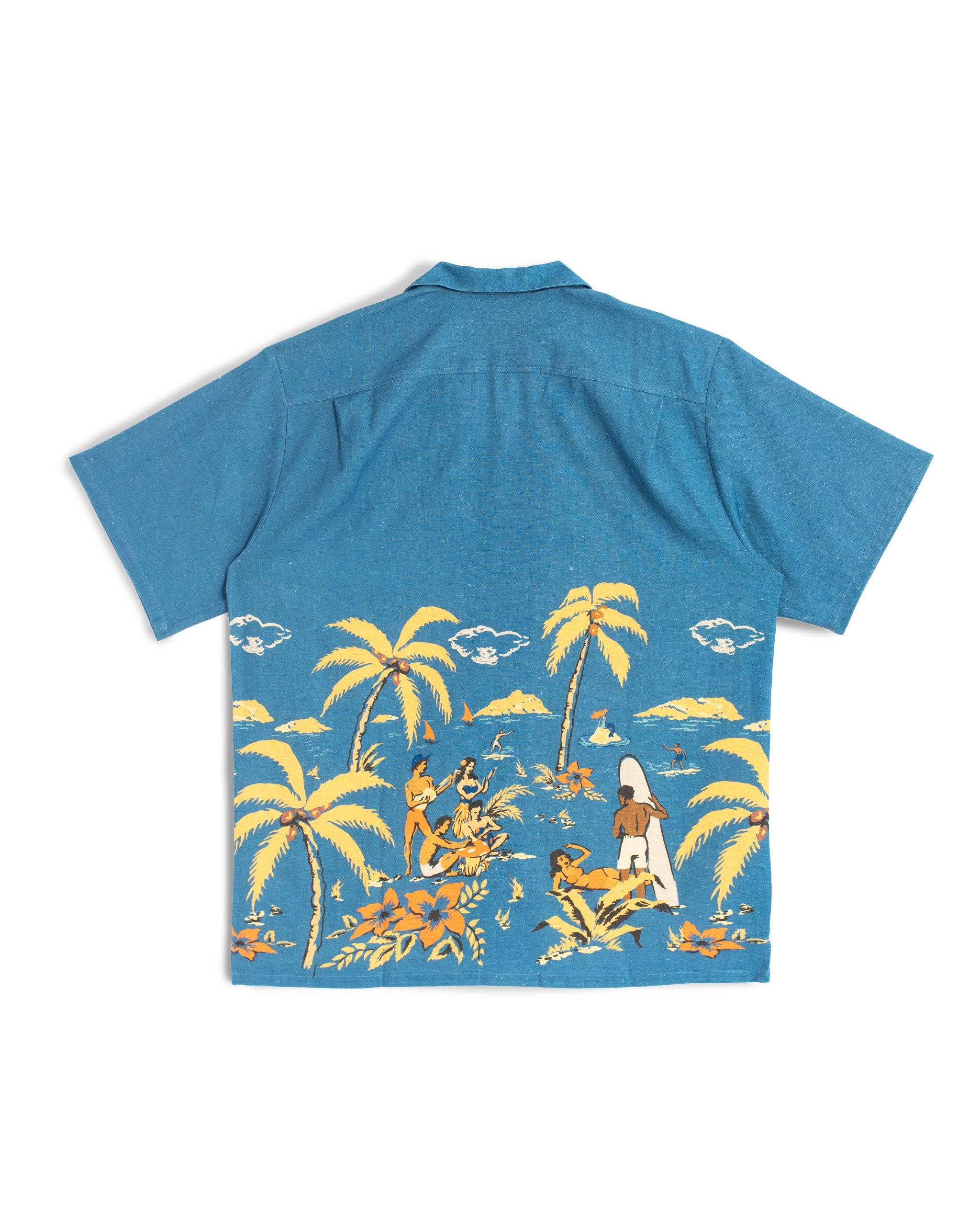Back view of the Bather Men's Baltic Trippin' Beach Camp Shirt, featuring a blue linen fabric with a retro Polynesian-inspired beach scene print and a straight-hem, boxy silhouette.
