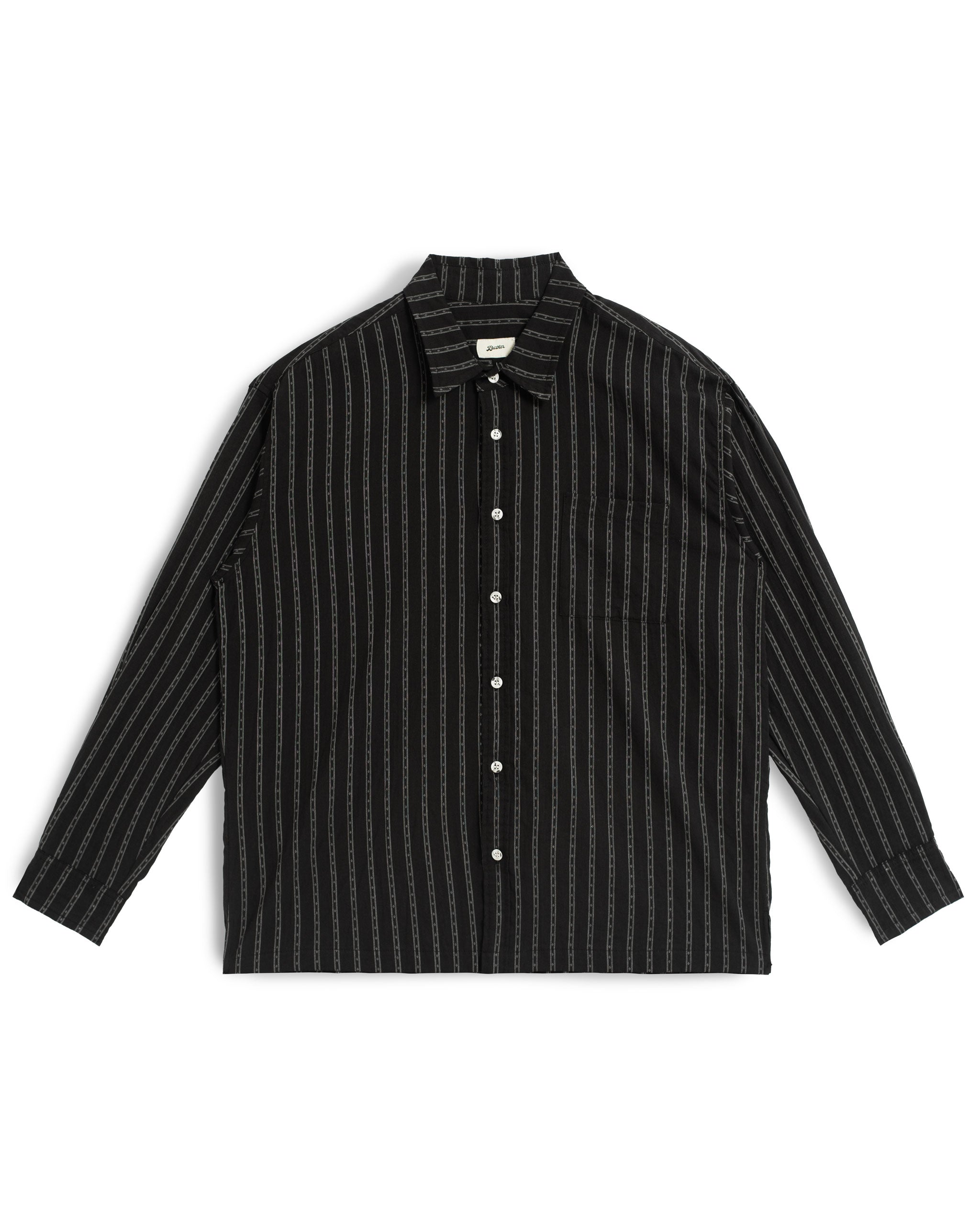 Front view of the Bather Men's Black Dobby Leisure Shirt, featuring a lightweight black Japanese cotton dobby fabric with a fine vertical stripe pattern, a classic collar, and a chest pocket against a white background.