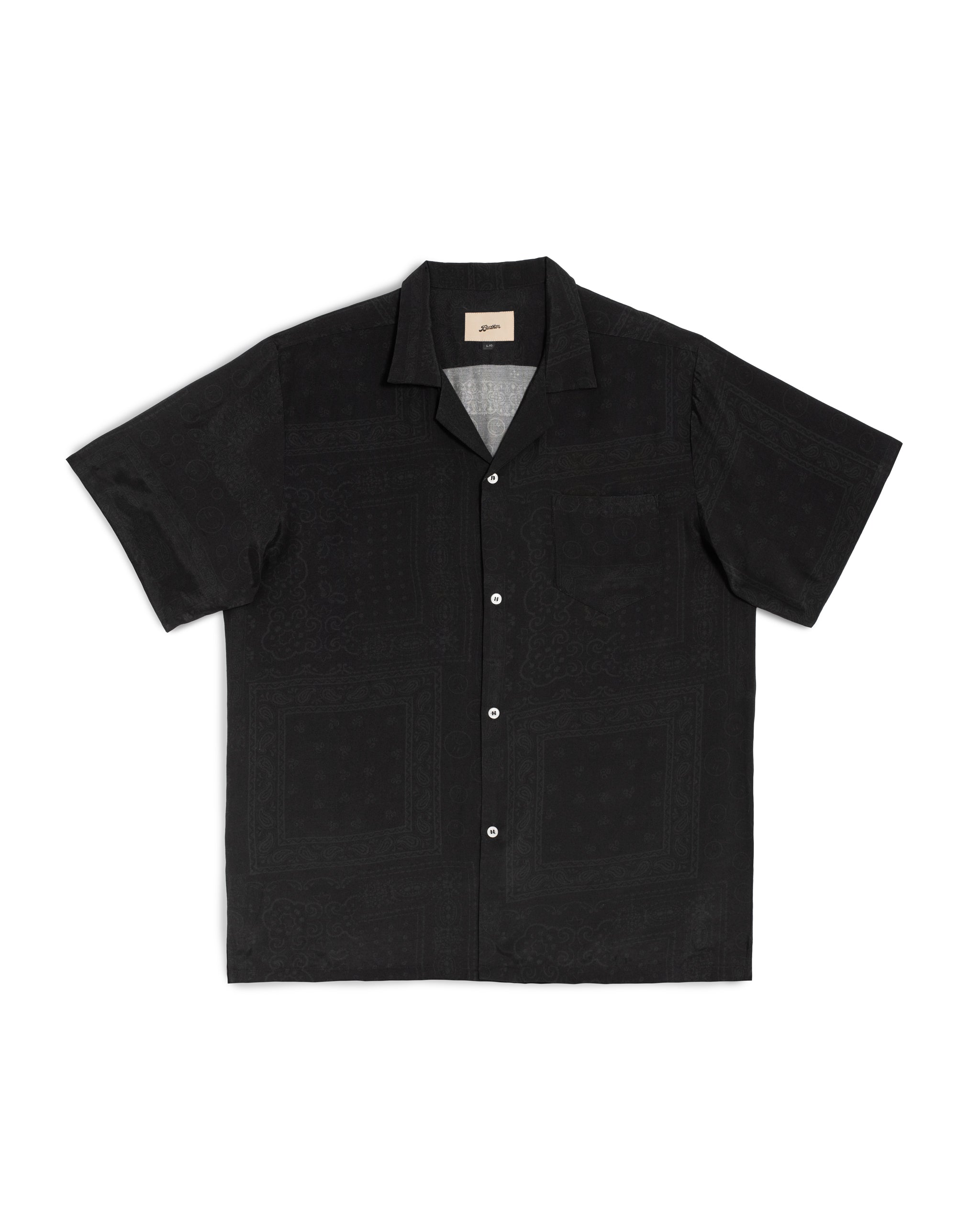 Front view of the Bather Men's Black Tonal Bandana Camp Shirt, featuring a lightweight black rayon fabric with a subtle tonal bandana print, a classic open camp collar, and a single chest pocket against a white background.