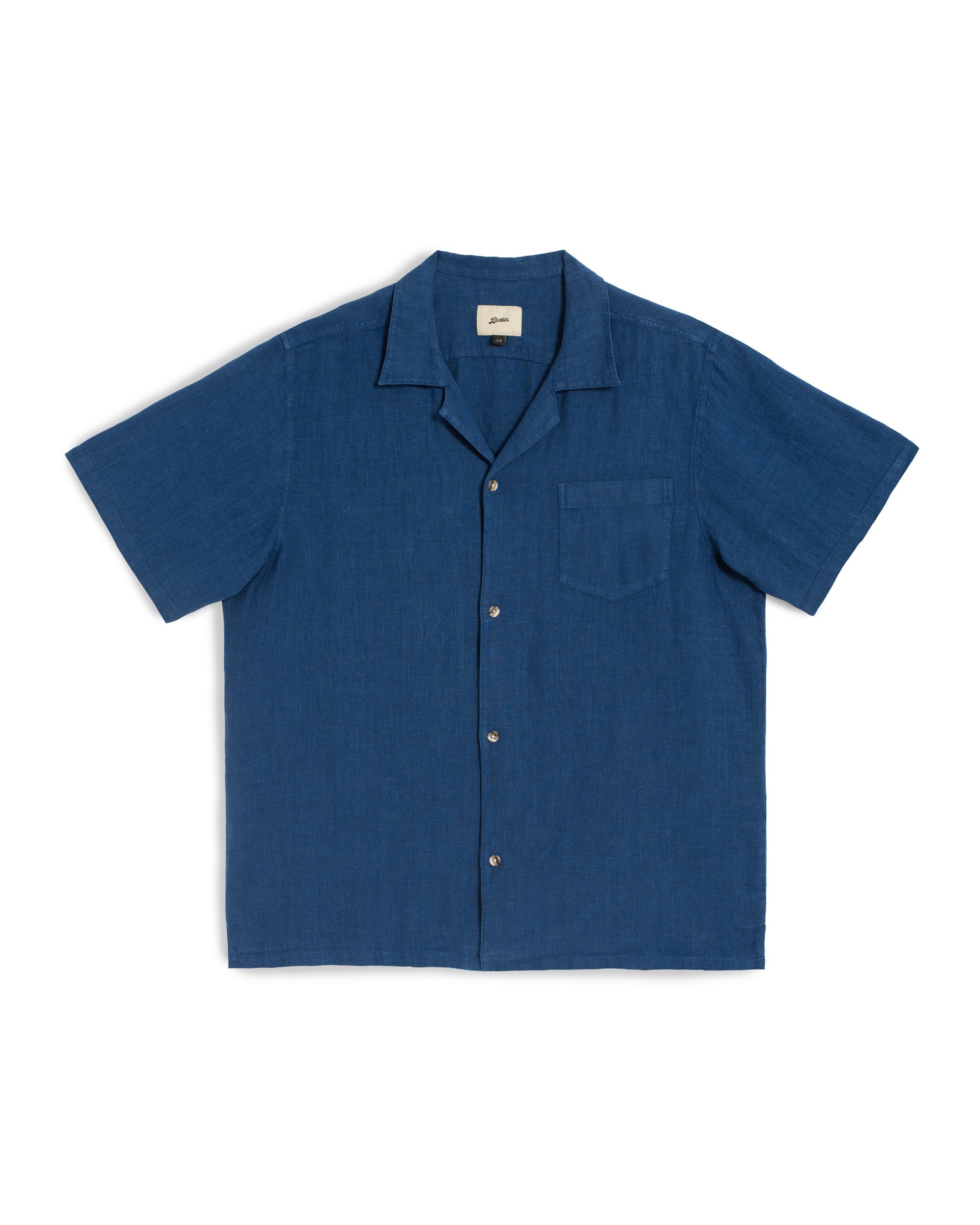 Front view of the Bather Men's Brine Linen Camp Shirt, featuring a lightweight 100% brine blue linen fabric with a natural texture, a classic open camp collar, and a single chest pocket against a white background.