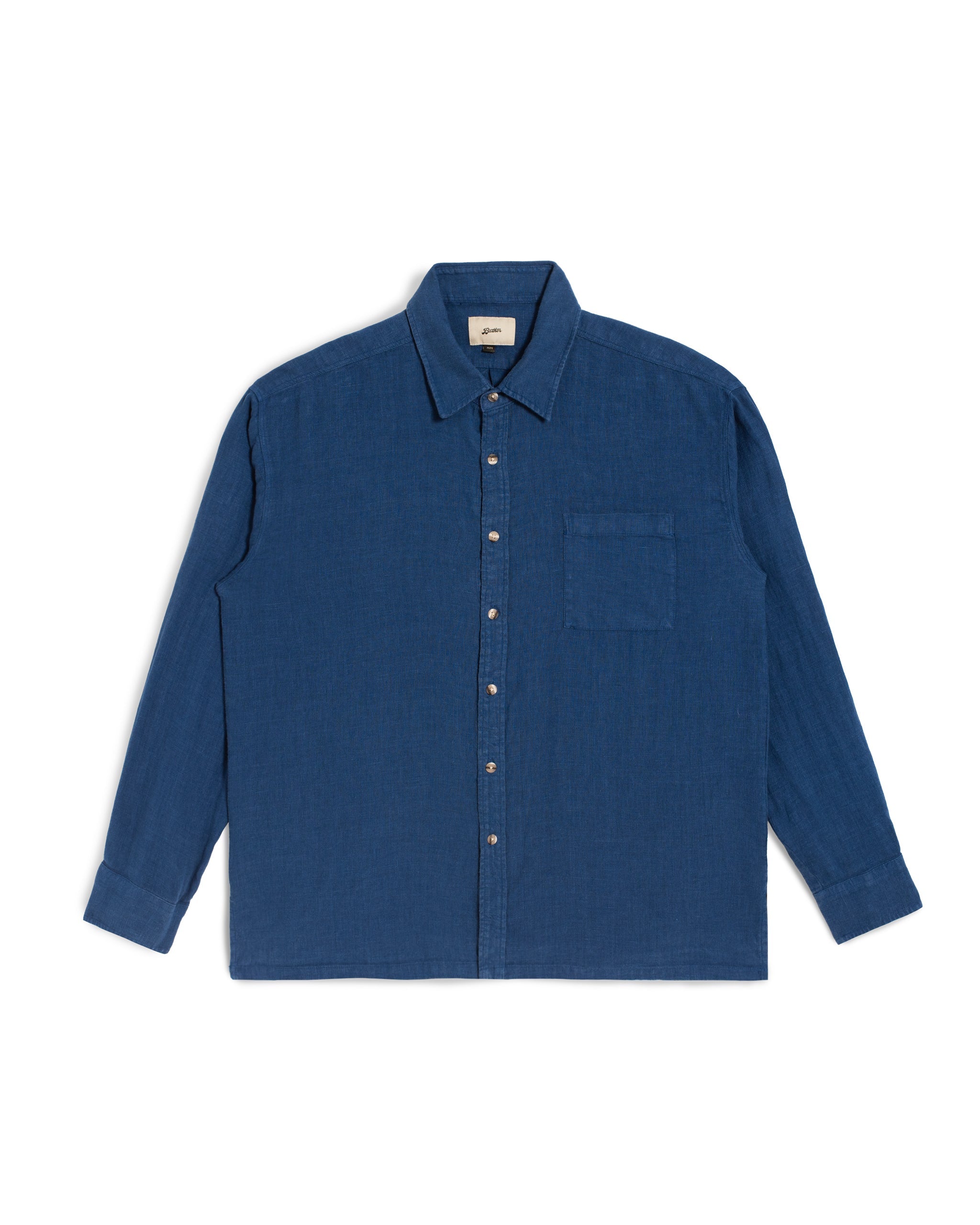 Front view of the Bather Men's Brine Linen Leisure Shirt, featuring a midweight 100% brine blue linen fabric with a natural texture, a classic collar, a single chest pocket, and a long-sleeve silhouette against a white background.