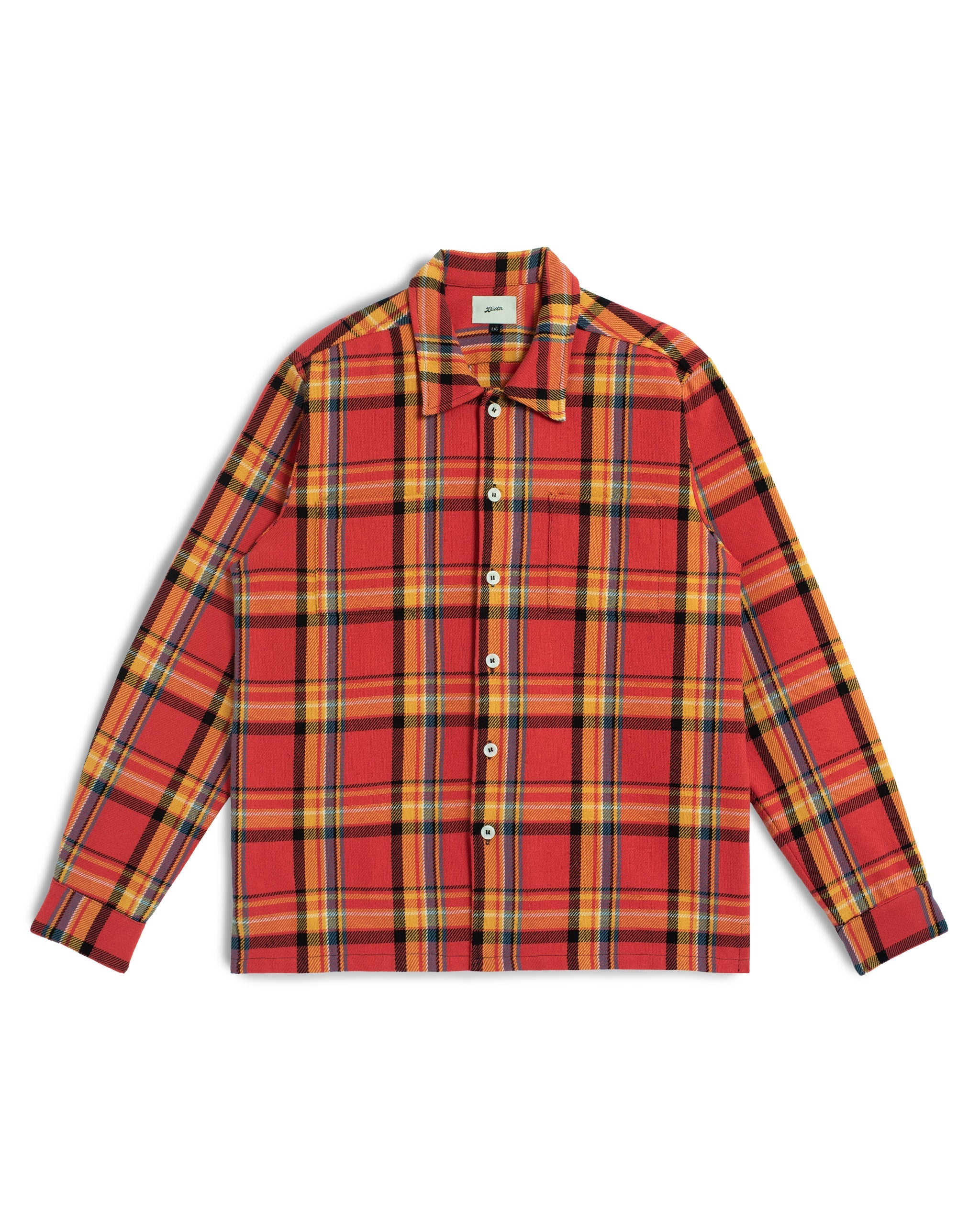 Front view of the Bather Men's Buoy Plaid Flannel Shirt in red and navy Japanese milled fabric.