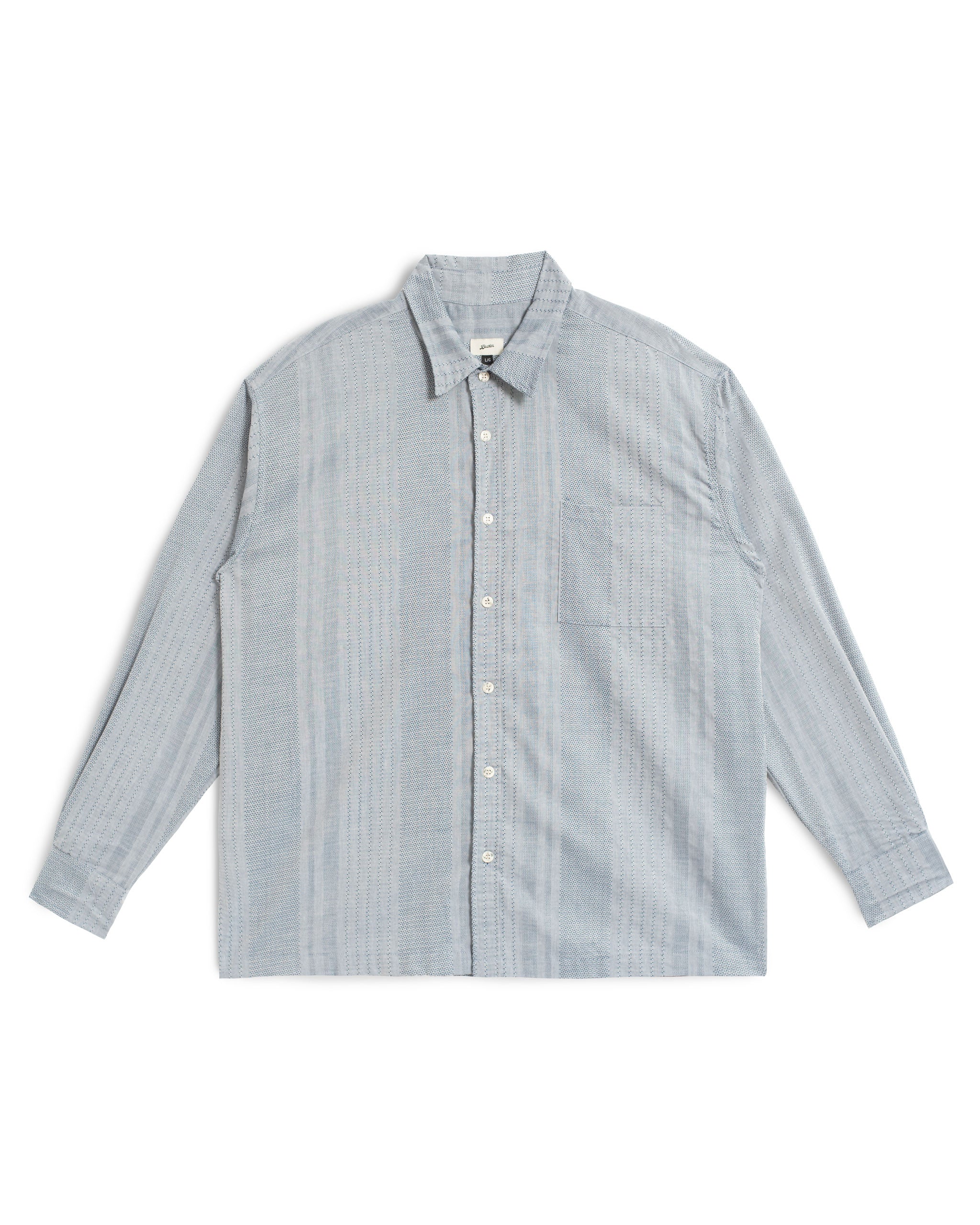 Front view of the Bather Men's Cadet Geo Dobby Leisure Shirt in light blue featuring a geometric checkered embroidery and classic collar.
