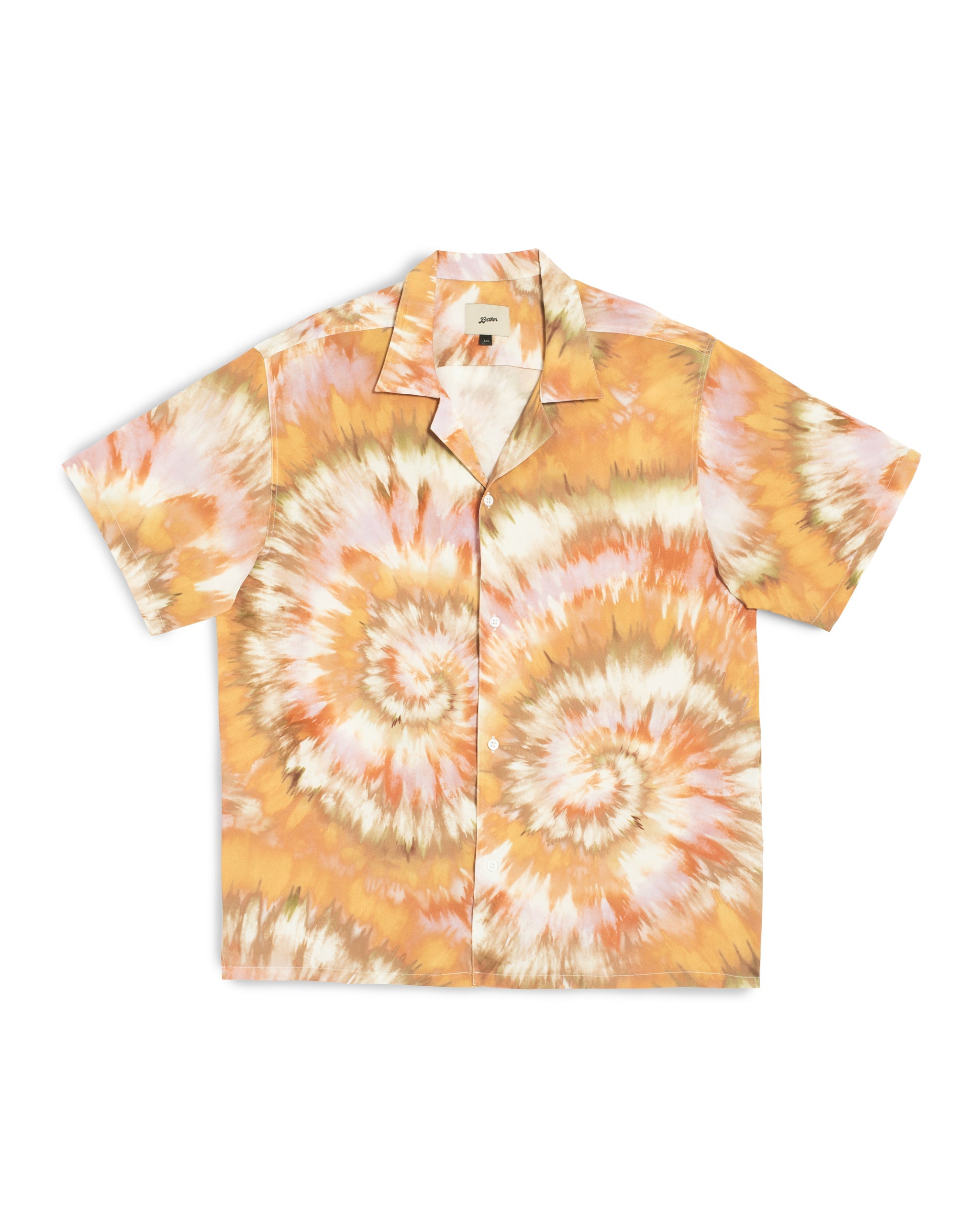 Front view of the Bather Men's Calypso Swirl Camp Shirt featuring a hand-drawn orange and white tie-dye print with an open camp collar.