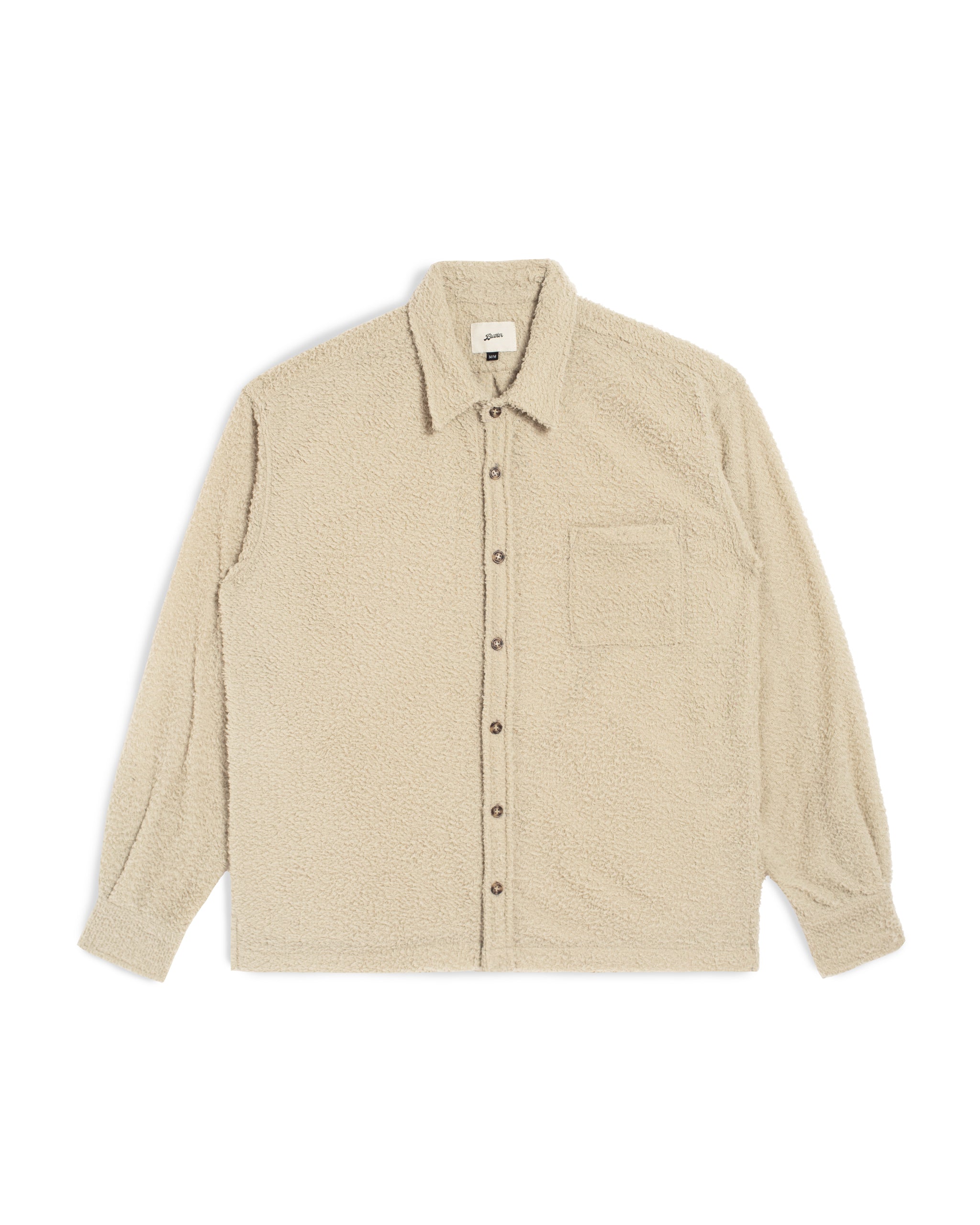Front view of the Bather Men's Cloud Shaggy Leisure Shirt in off-white featuring a high-pile textured fabric and classic button-up collar.