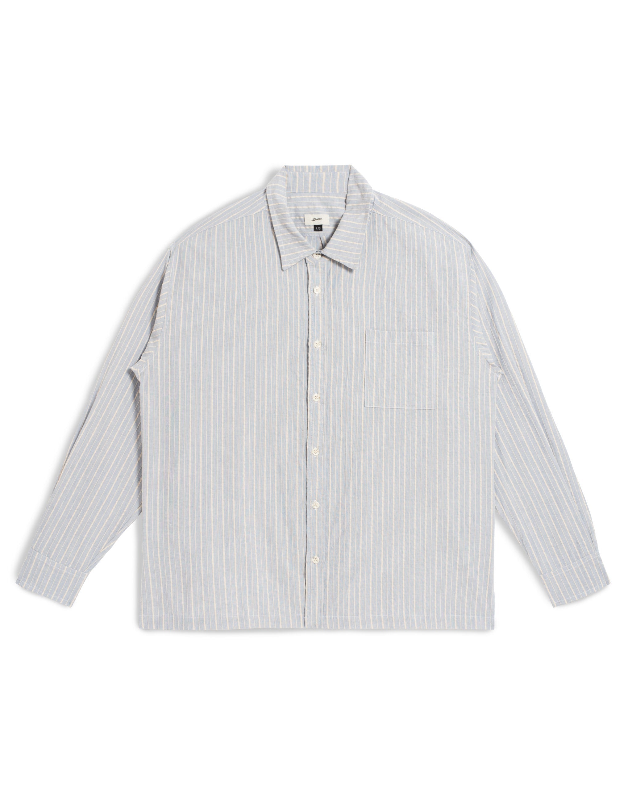 Long-sleeve button-up shirt with light blue and white vertical stripes