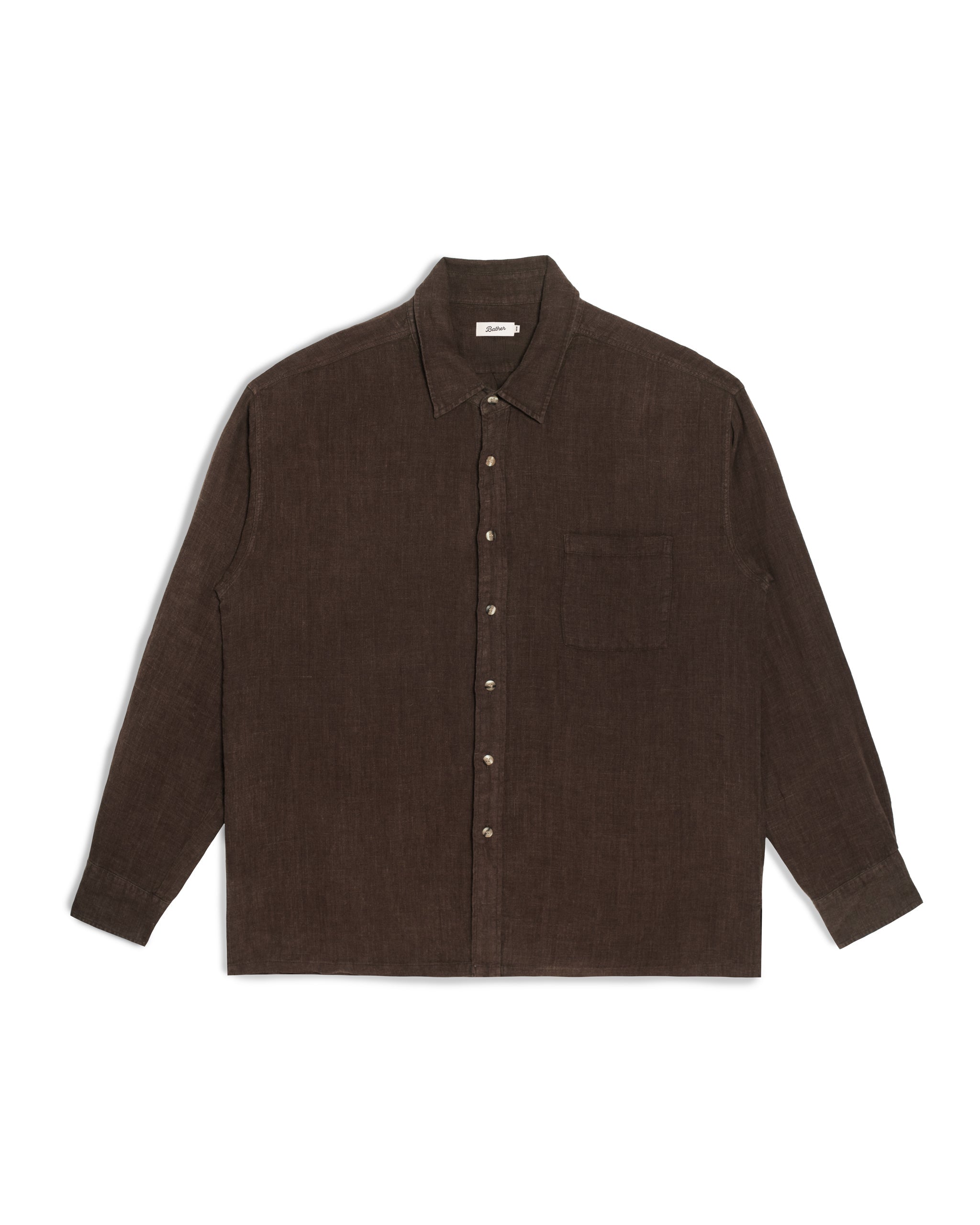 Front view of the Bather Men's Espresso Linen Leisure Shirt in deep brown featuring a classic collar and breathable 100% linen fabric.