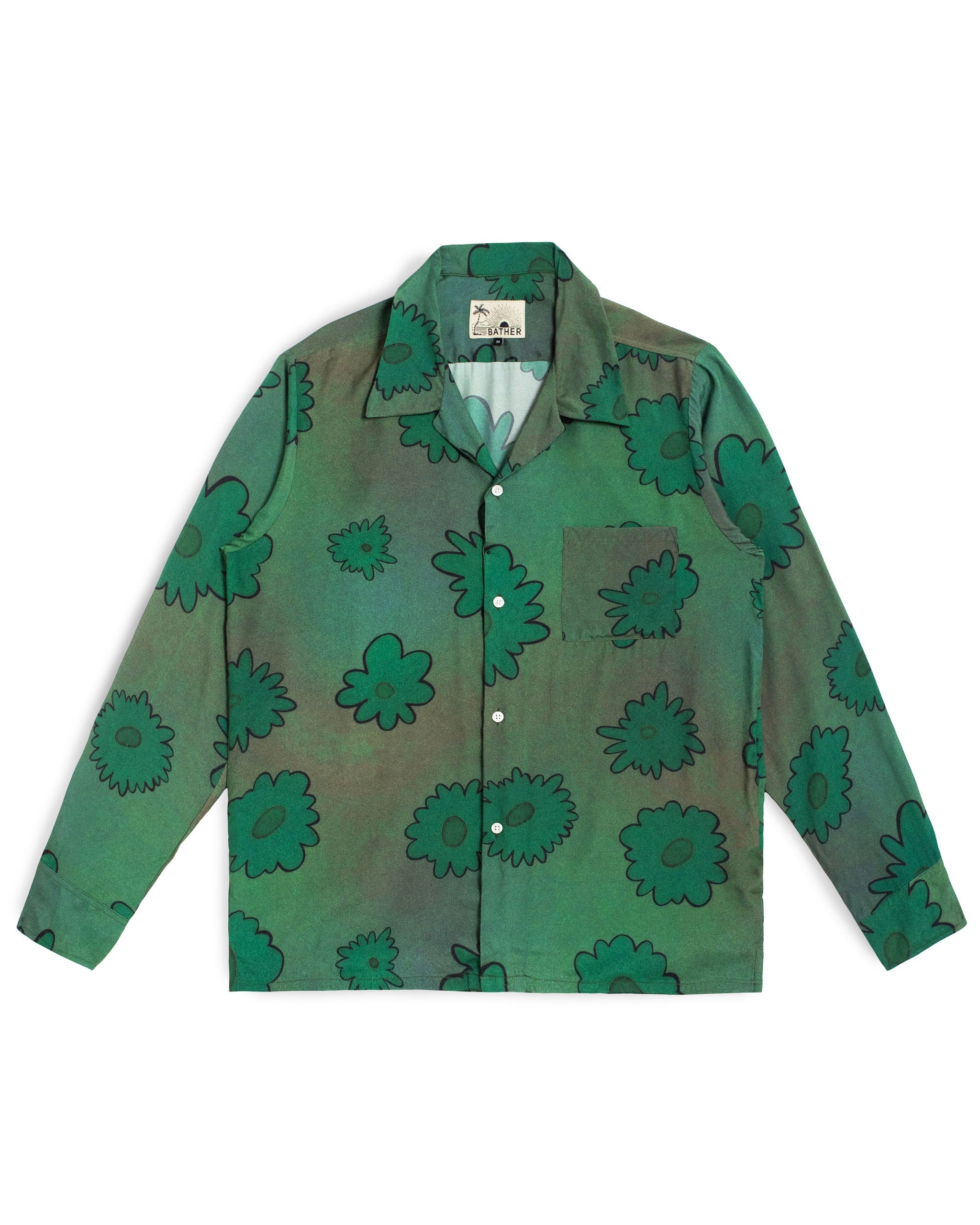 Bather Men's long-sleeve green camp shirt with a dark green floral bloomscape print and button-front closure.