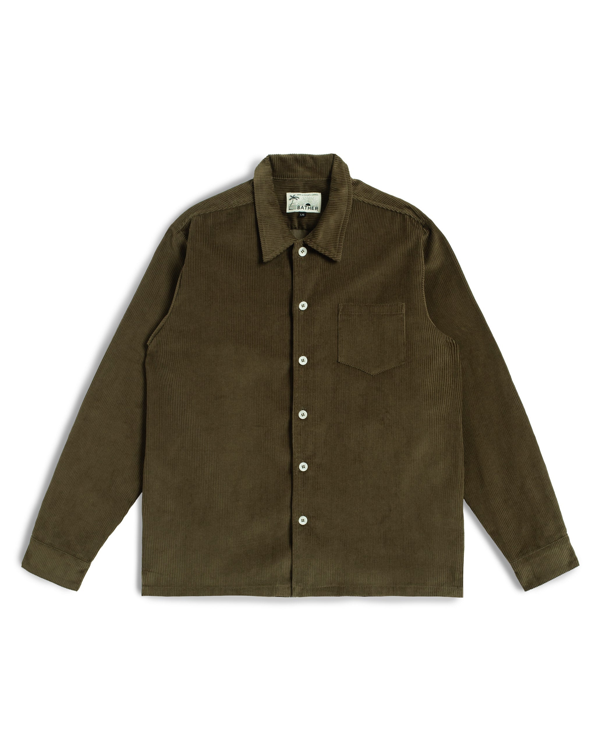 Front view of the Bather Men's dark olive green long-sleeve corduroy button-up shirt.