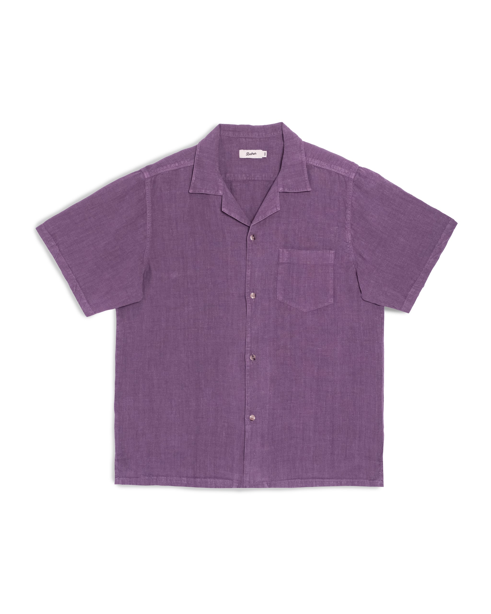 Bather Men's Grape Linen Camp Shirt in a muted purple, featuring a front-facing view of the textured linen fabric, open camp collar, and chest pocket on a white background.