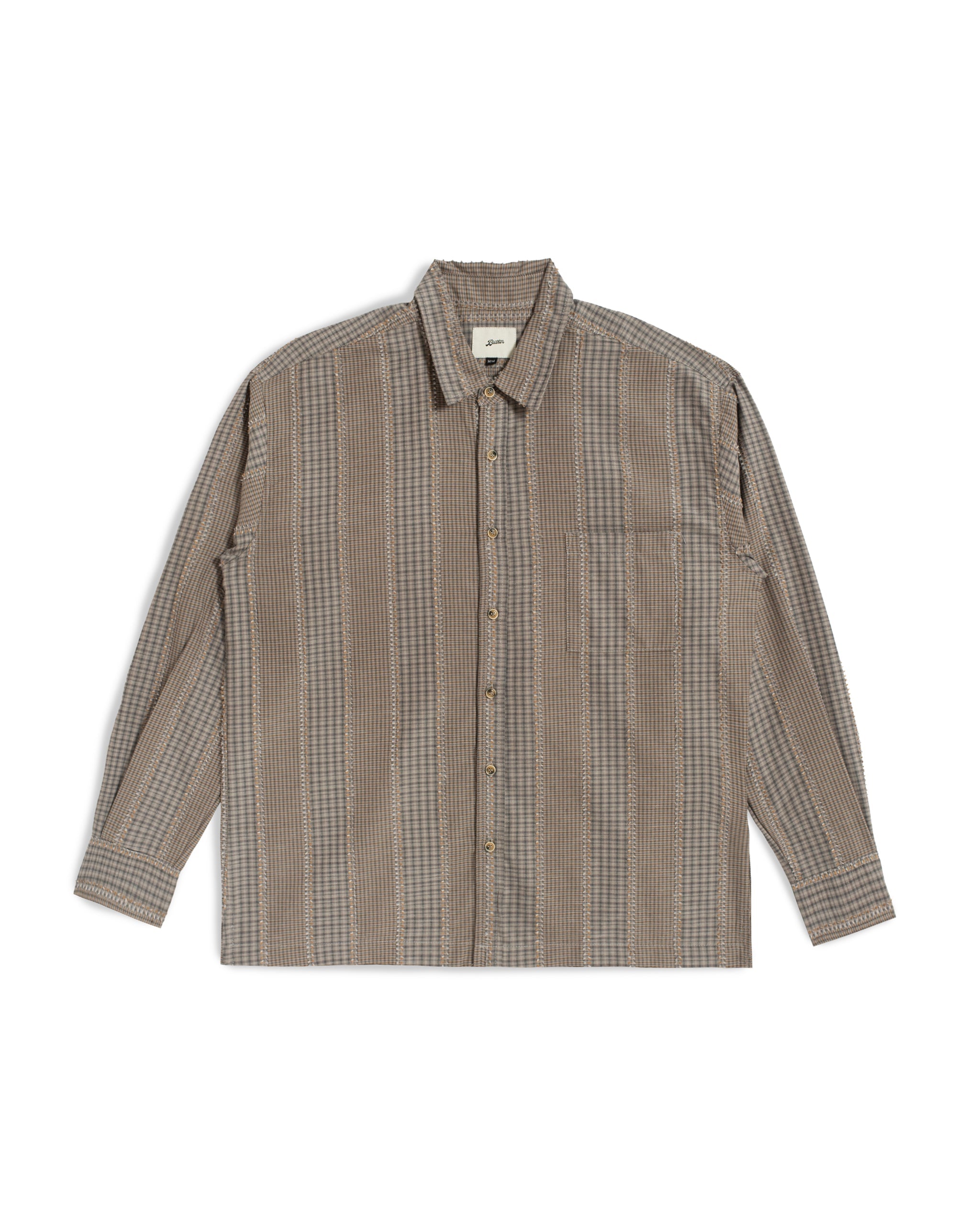 Bather Men's Harbor Fringe Leisure Shirt in grey, featuring a patchwork checkered pattern, long sleeves, and a front chest pocket on a white background.