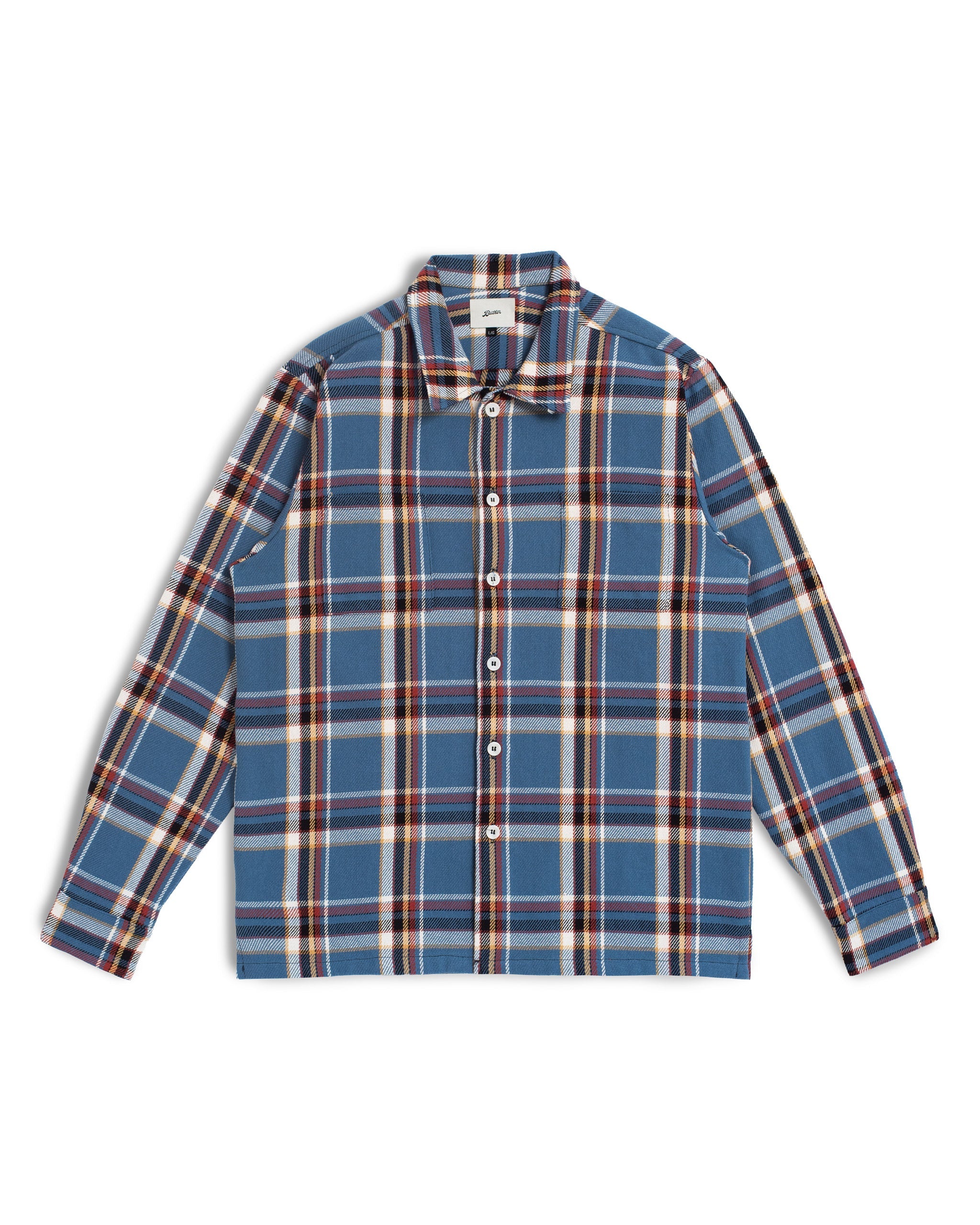 Bather Men's Marlin Plaid Flannel Shirt featuring a blue, tan, and black checkered pattern, long sleeves, a closed collar, and two front chest pockets on a white background.