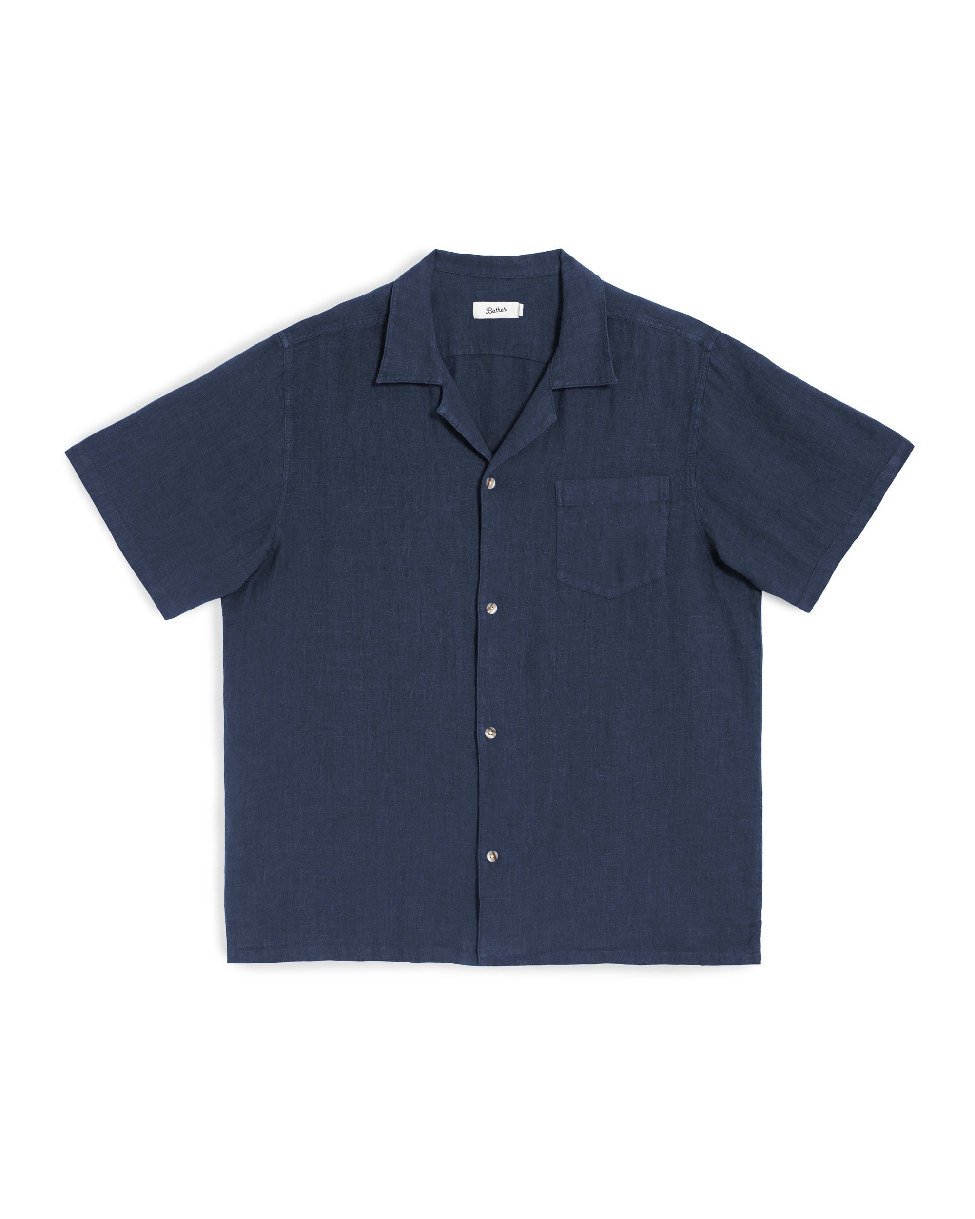 Navy blue short-sleeve shirt with a collar on a white background