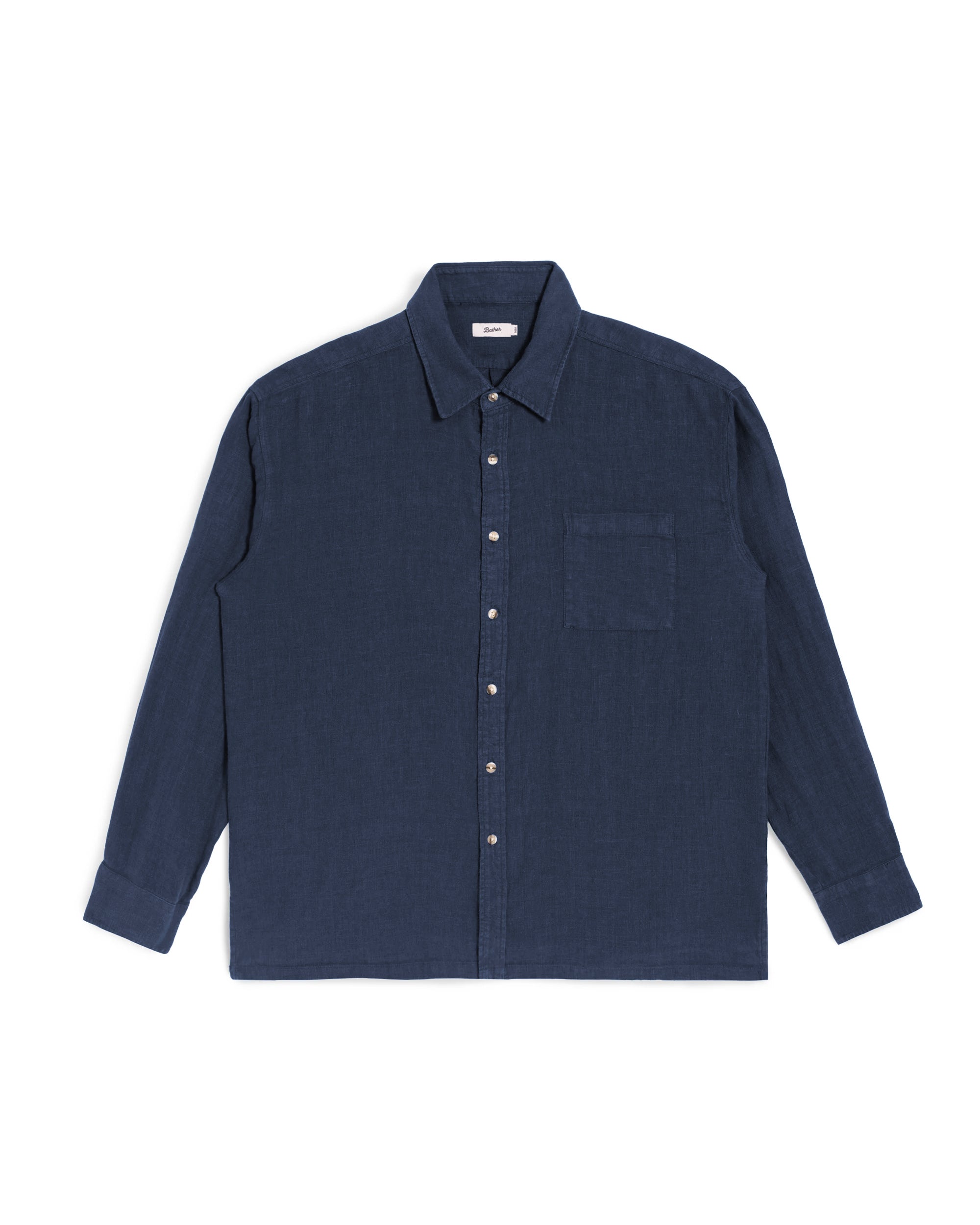 Bather Men's Navy Linen Leisure Shirt, featuring a front-facing view of the textured 100% linen fabric, an open camp collar, and a single chest pocket on a white background.
