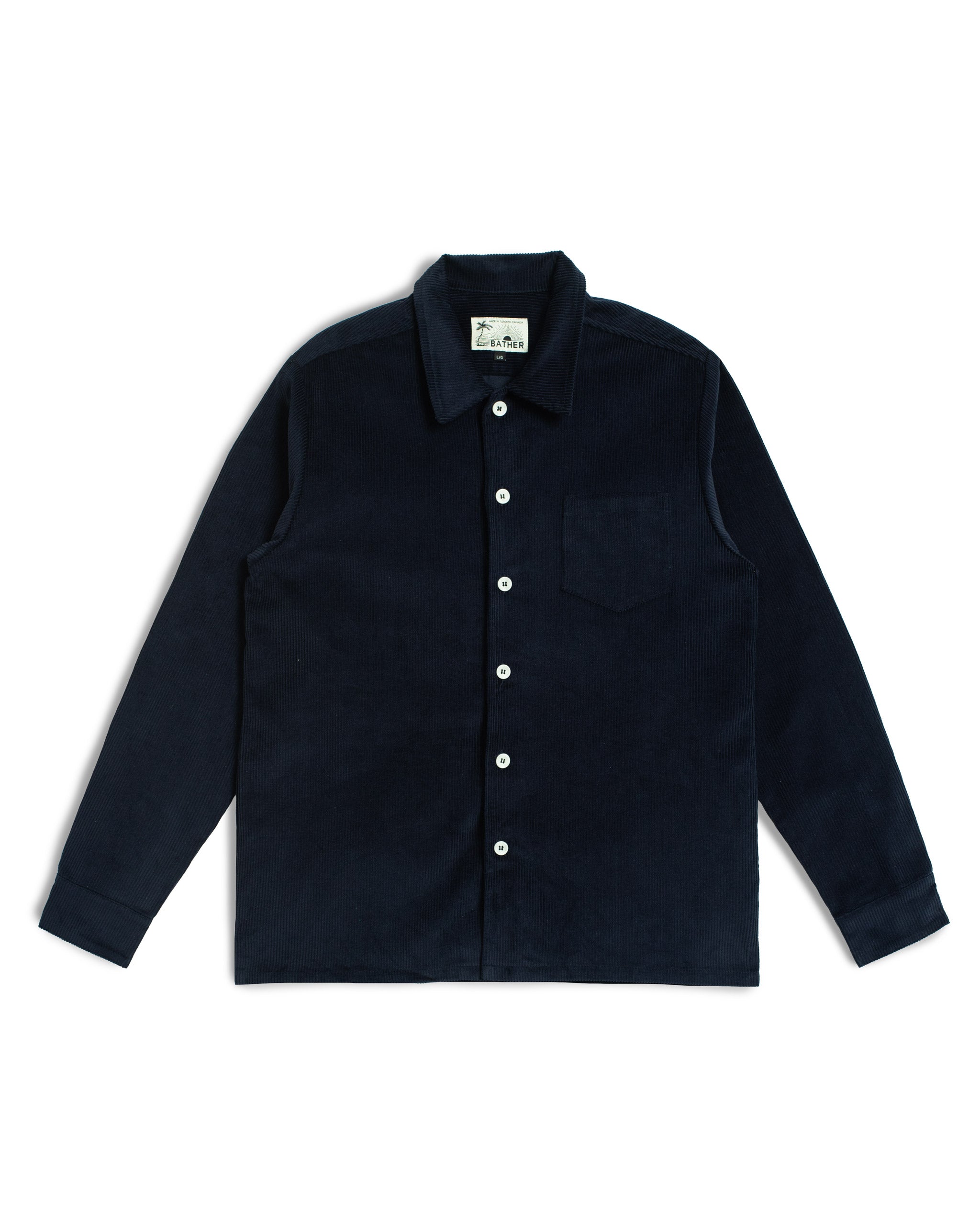 Bather Men's Oxford Corduroy Leisure Shirt in navy blue, featuring a front view of the 8-wale corduroy texture, a chest pocket, and white buttons on a white background.