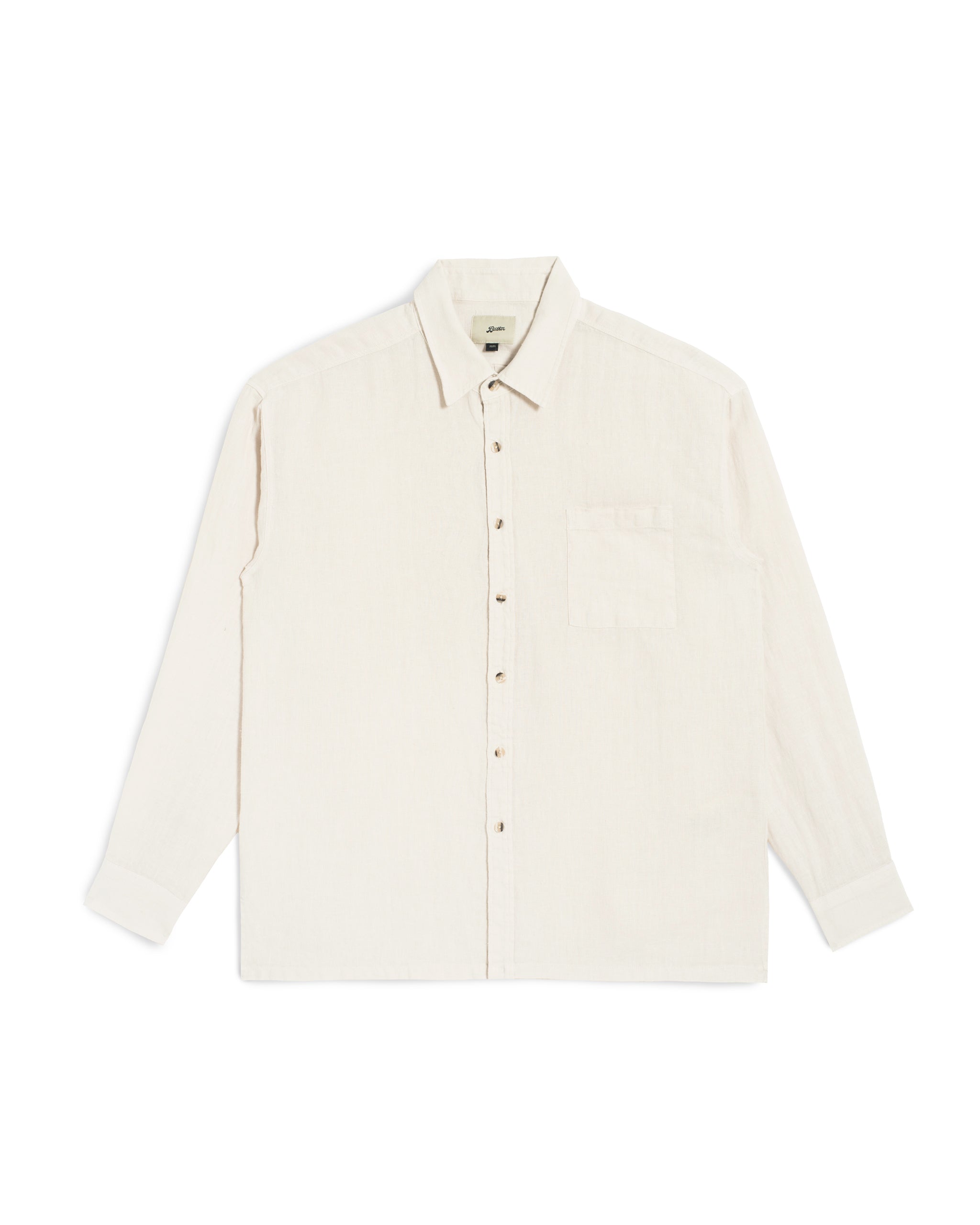 Bather Men's Pearl Linen Leisure Shirt in an off-white natural tone, featuring a front-facing view of the textured 100% linen fabric, an open collar, and a single chest pocket on a white background.