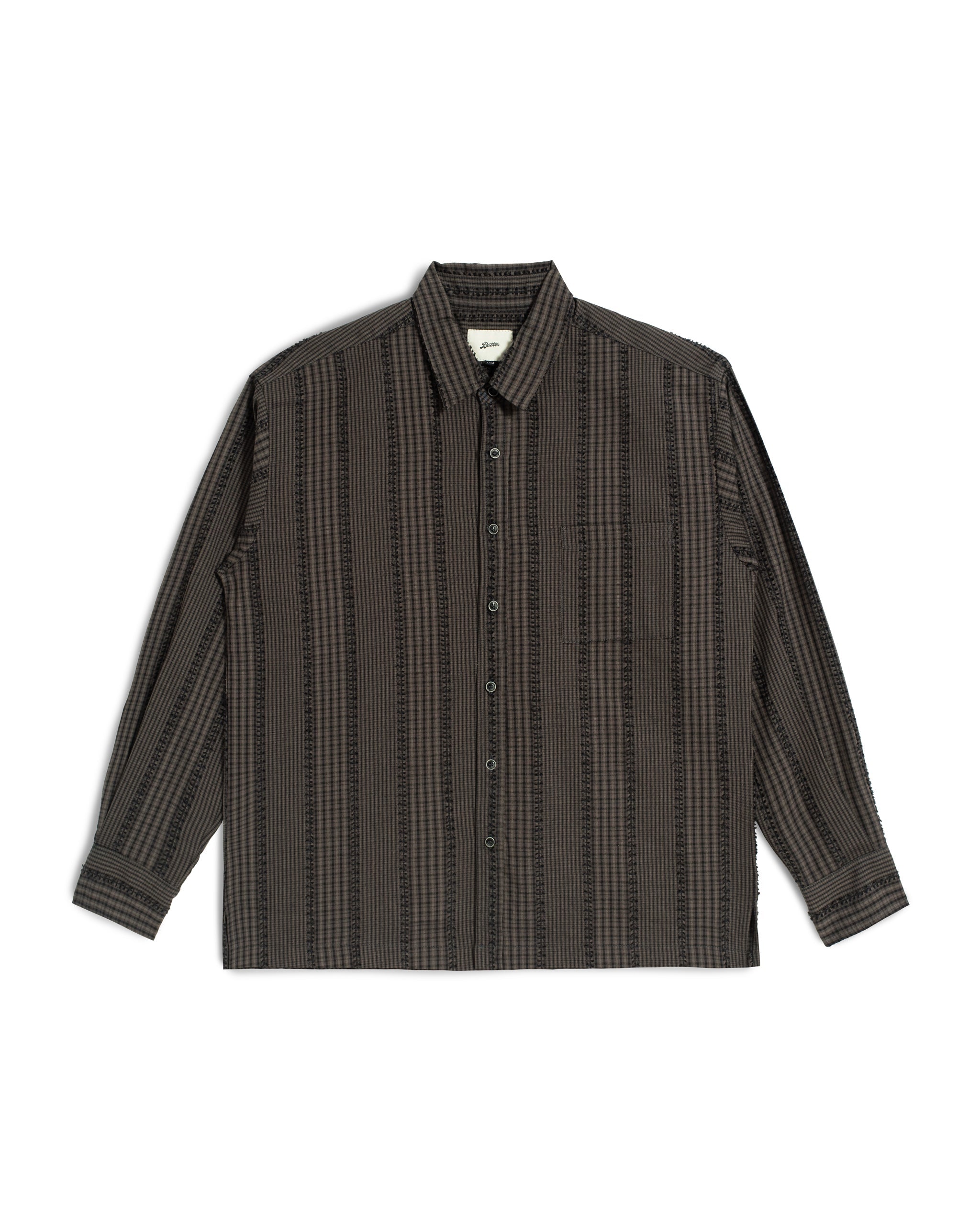Bather Men's Smoke Fringe Leisure Shirt in a charcoal grey patchwork pattern, featuring long sleeves, an oversized fit, and unique fringe detailing across the fabric on a white background.