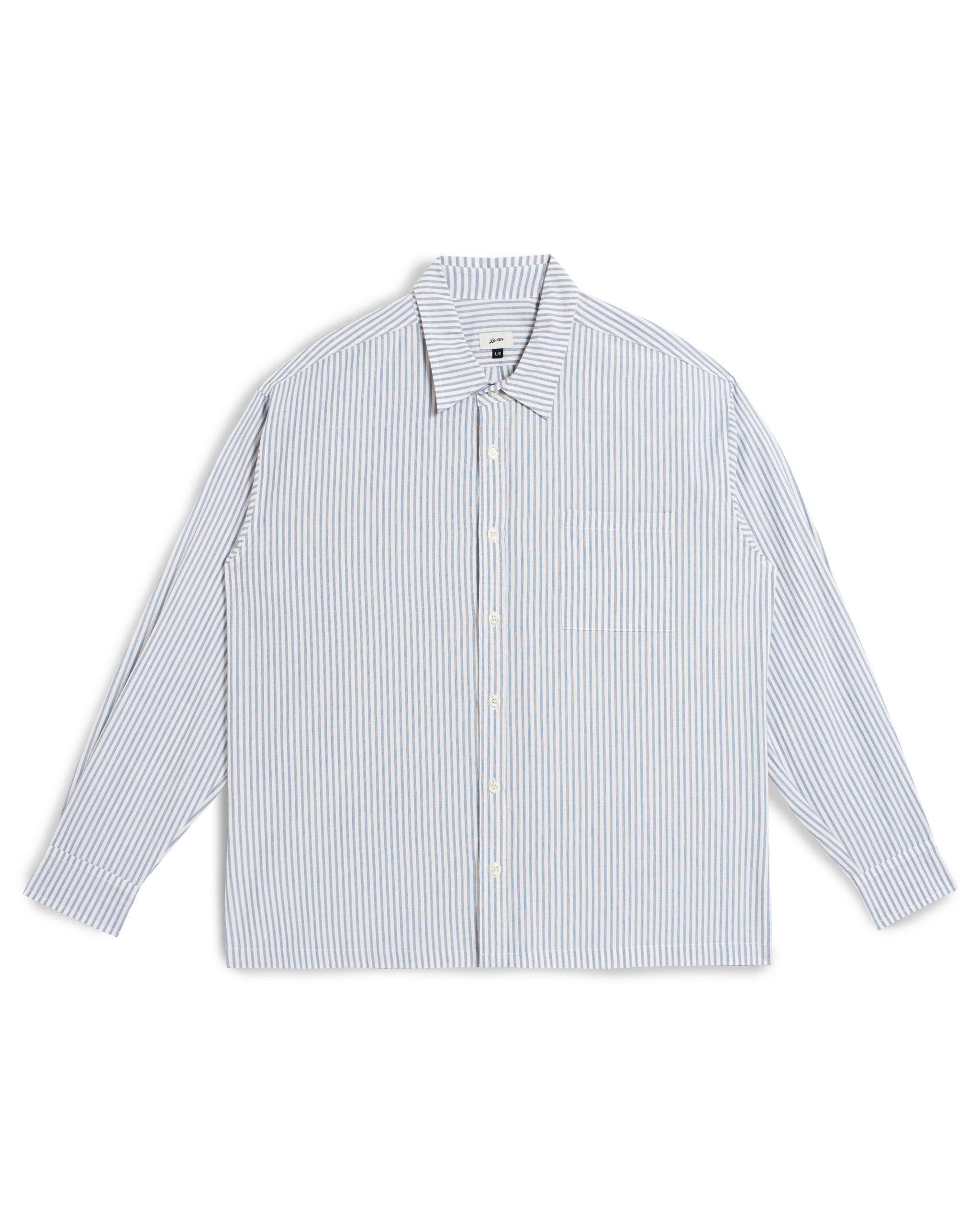 White long sleeve collared button up shirt with light blue pinstripe pattern