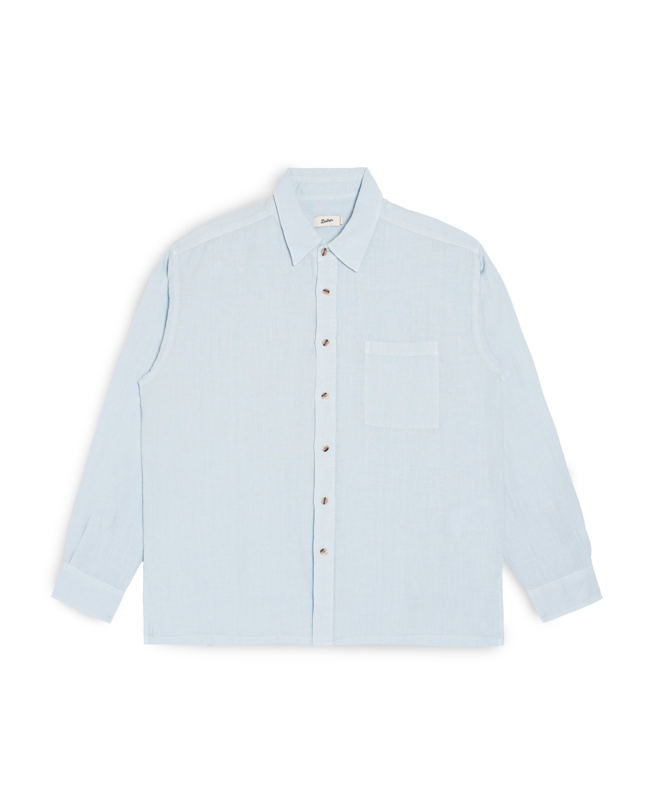 Bather Men's Sky Linen Leisure Shirt in a light blue summer shade, featuring a front-facing view of the long-sleeve textured 100% linen fabric, an open collar, and a chest pocket on a white background.