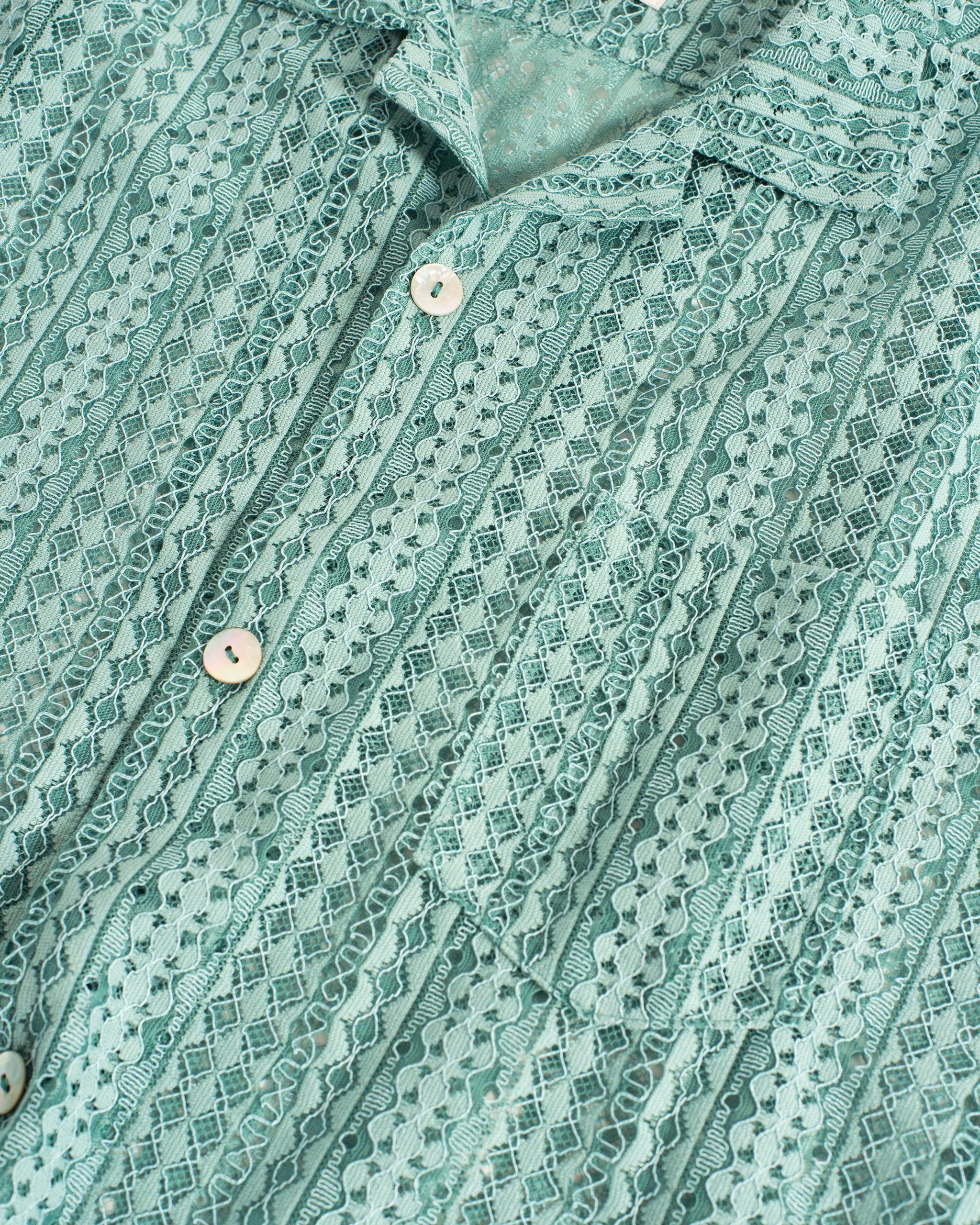 A close-up detail shot of the Bather Men Aqua Gonzo Lace Camp Shirt, highlighting the intricate geometric and floral lace embroidery. The image shows the semi-sheer teal fabric texture and a white shell button along the front placket.