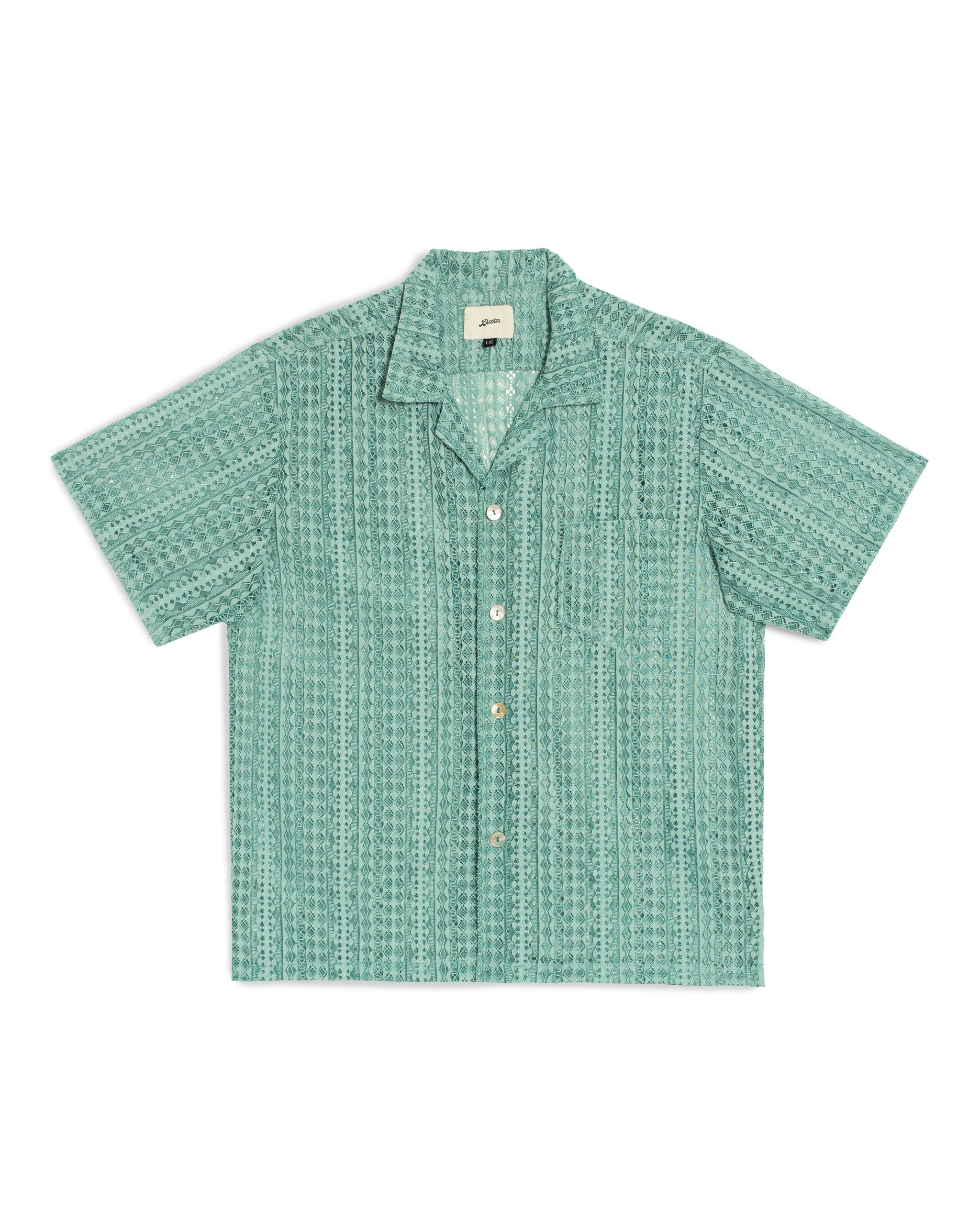 A front-facing view of the Bather Men's Aqua Gonzo Lace Camp Shirt, featuring an intricate teal floral lace pattern, short sleeves, a classic camp collar, and white shell buttons.