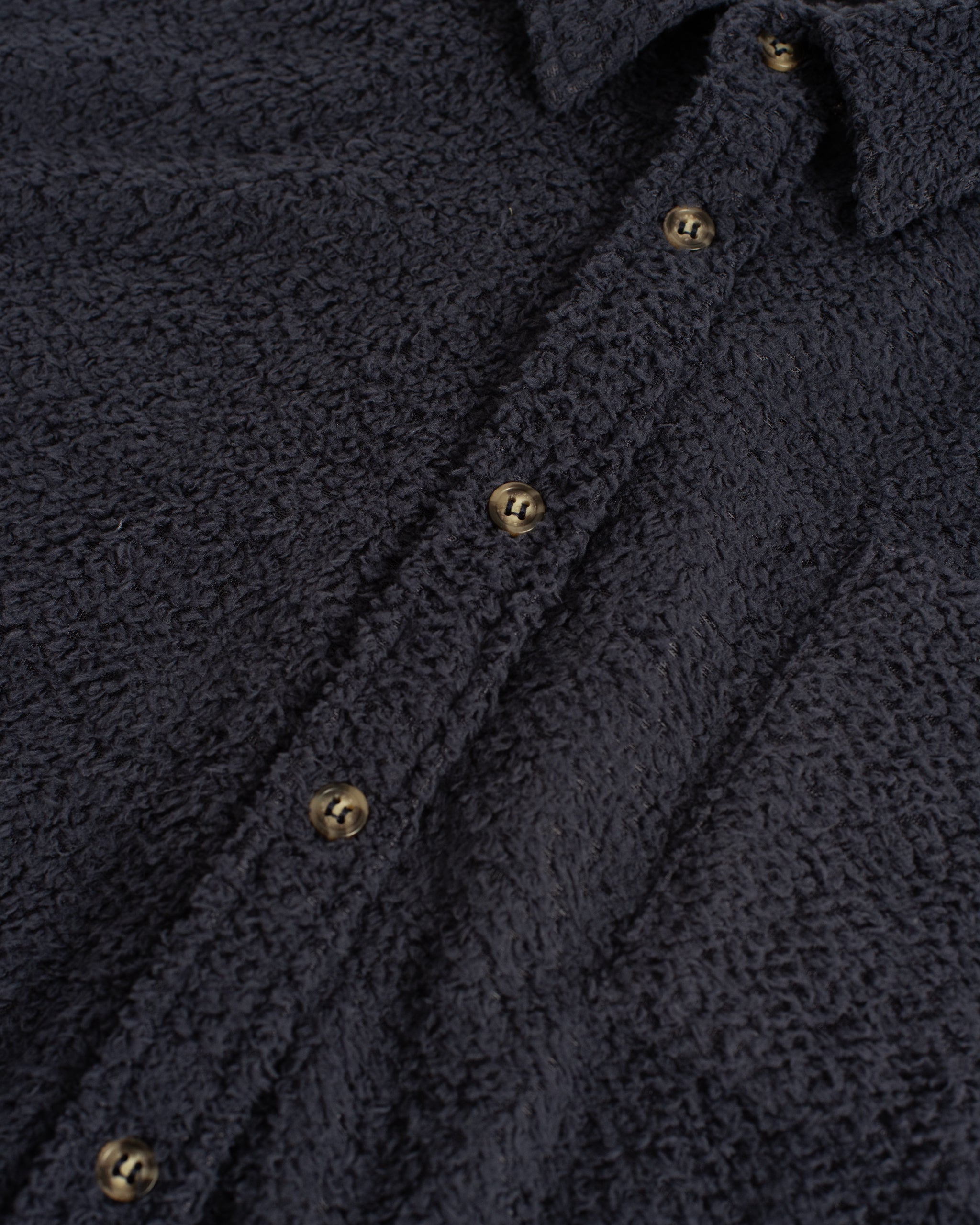 Close-up of the Bather Men's Whale Shaggy Leisure Shirt in dark navy blue, highlighting the fuzzy, high-pile shaggy texture and the brown mottled buttons along the front placket.