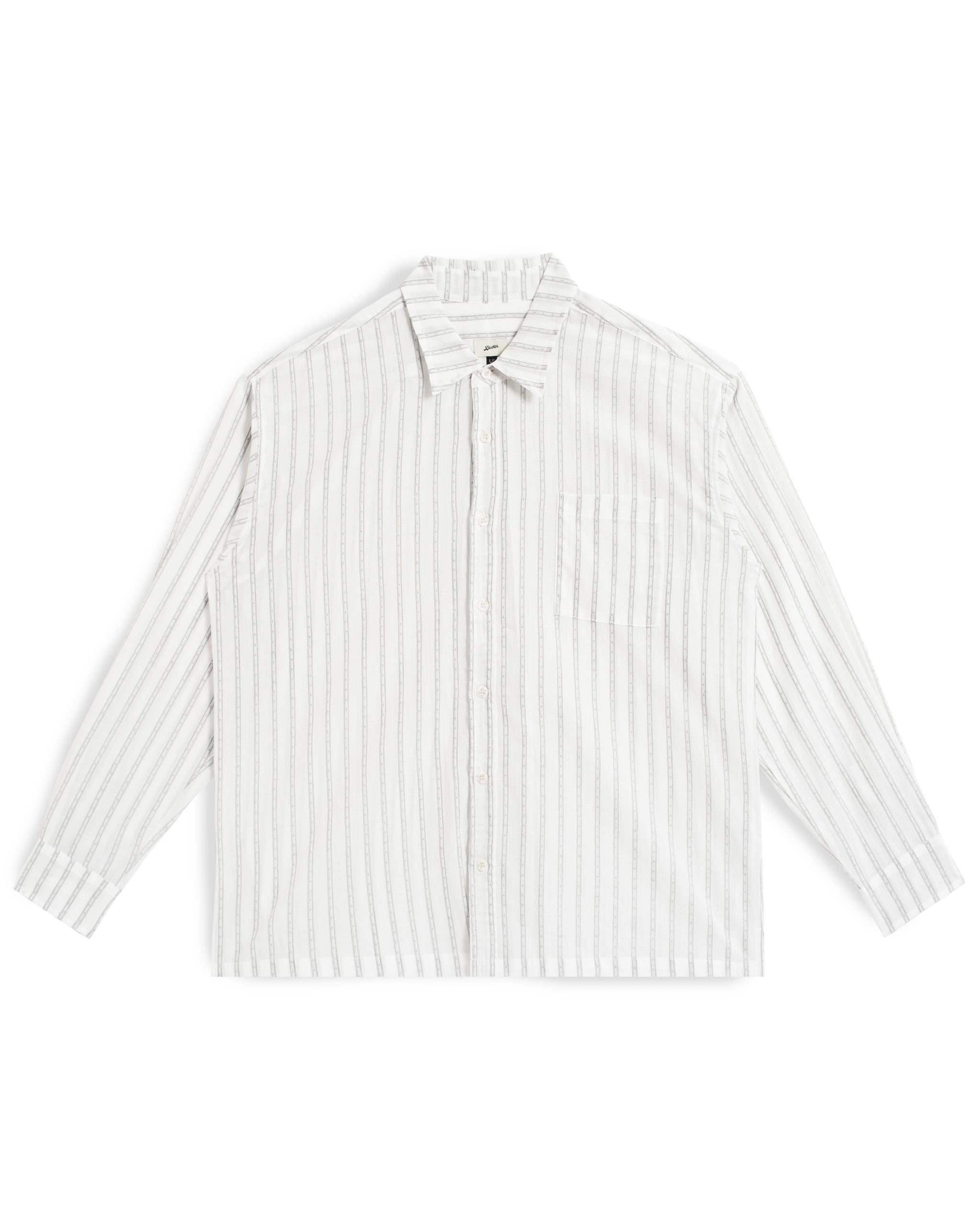 Bather Men's White Dobby Leisure Shirt featuring a long-sleeve oversized fit with a subtle light blue vertical pinstripe pattern, an open collar, and a front chest pocket on a white background.