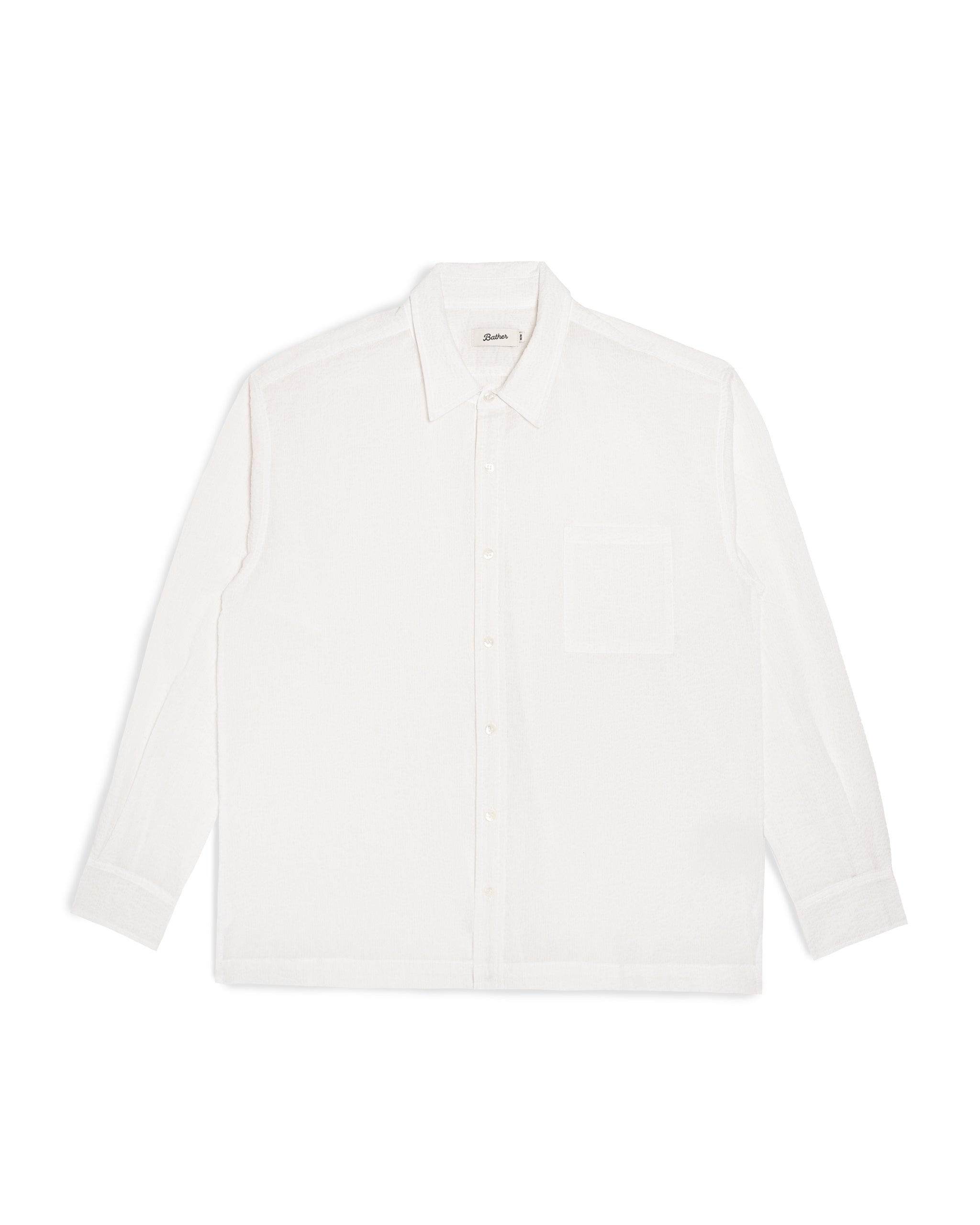 Bather Men's White Ripple Leisure Shirt in a crisp white, featuring a long-sleeve silhouette made from 100% cotton Japanese seersucker fabric with a subtle ripple texture, an open collar, and a chest pocket on a white background.