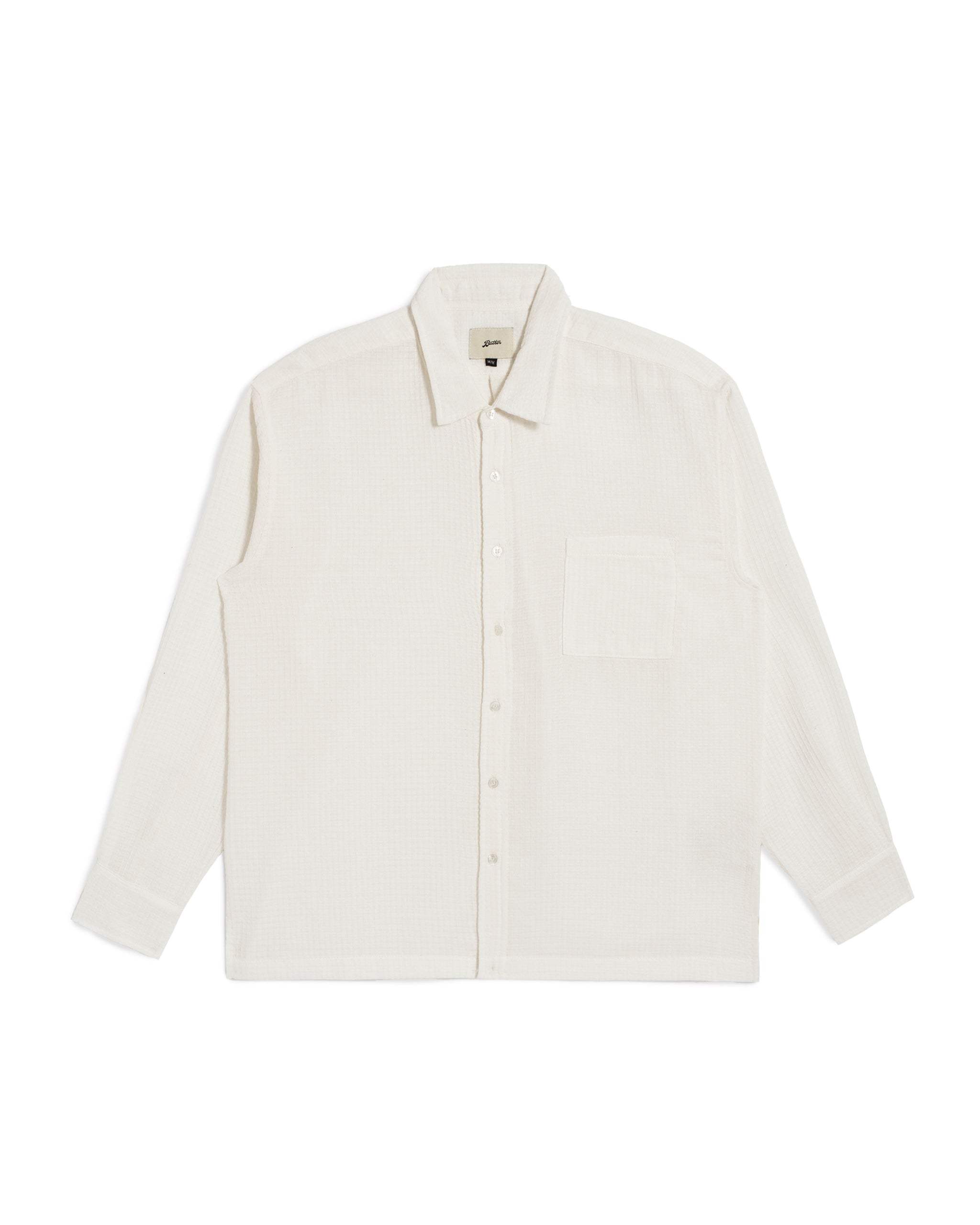 Bather Men's White Waffle Leisure Shirt in a crisp white, featuring an oversized long-sleeve silhouette made from a textured cotton-linen waffle weave with a classic collar and chest pocket on a white background.