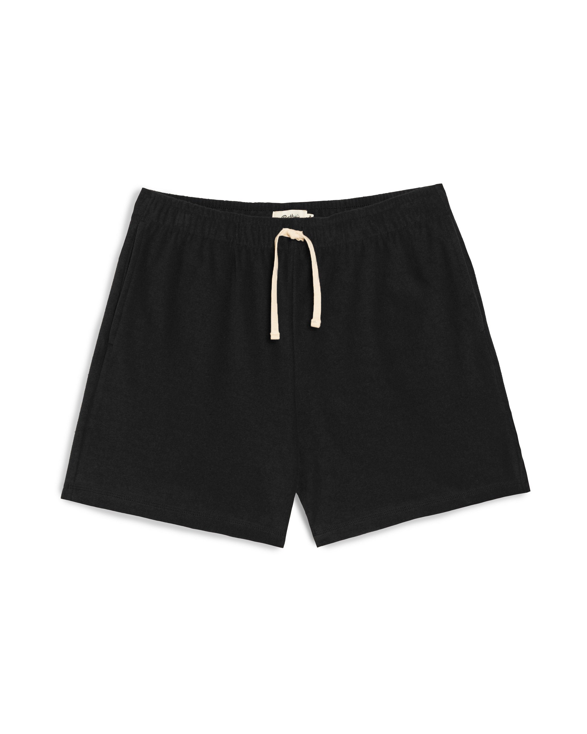 Bather men's black towel terry shorts with drawstring on white background