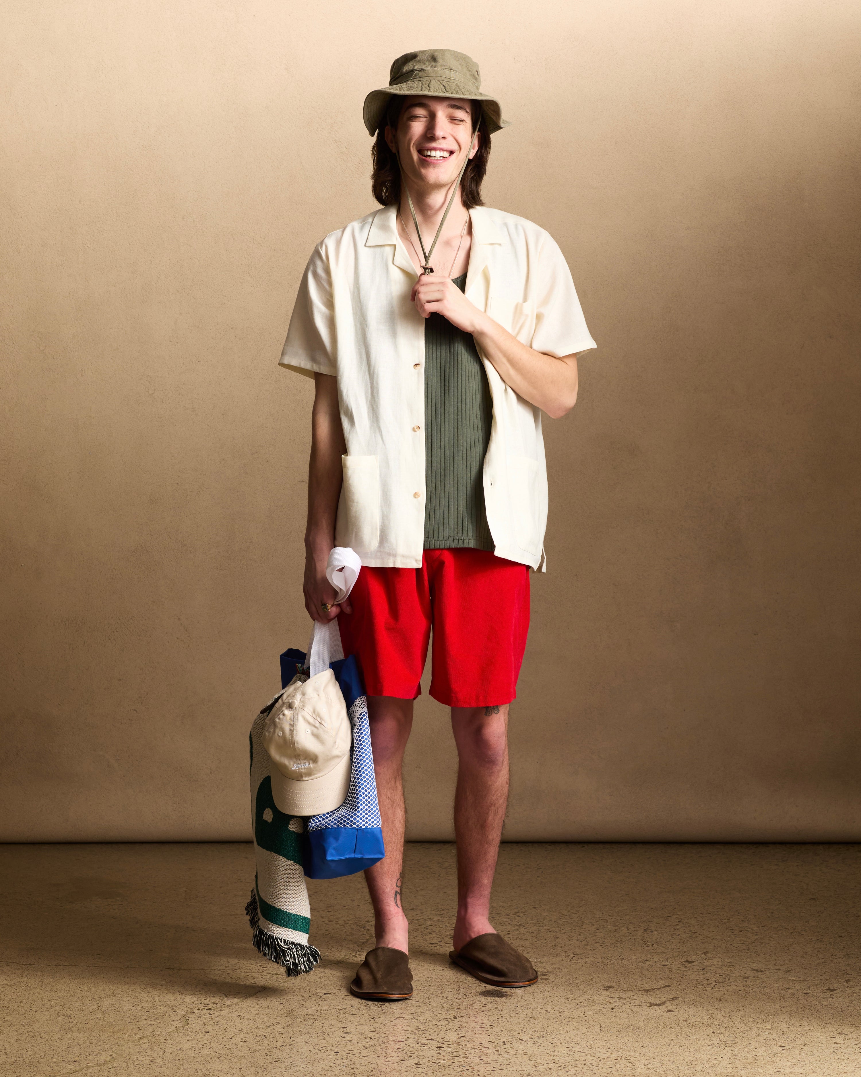 model wearing Bather men's Solid Red Corduroy Leisure Shorts