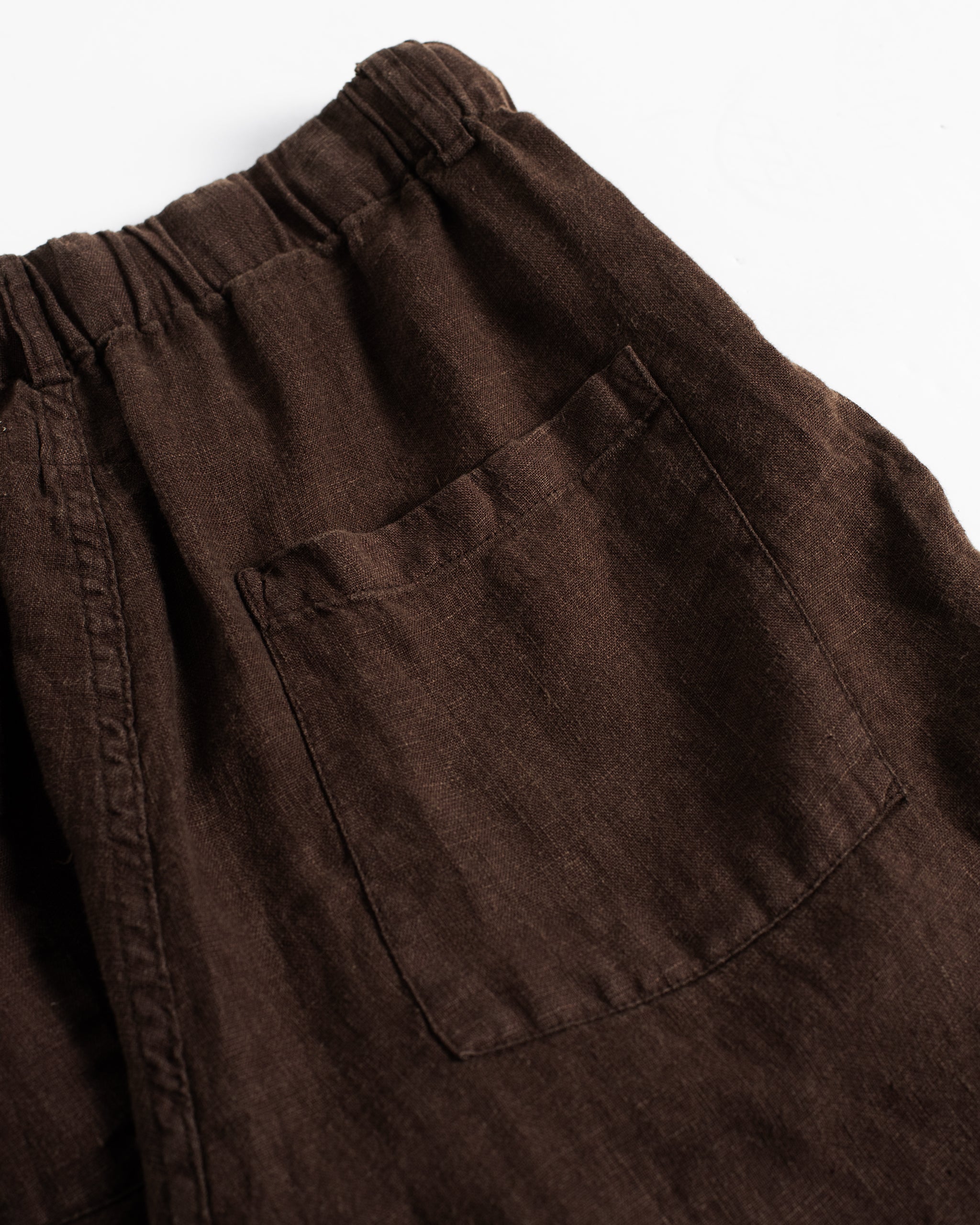 Closeup detail of back patch pocket on Bather men's dark brown linen short