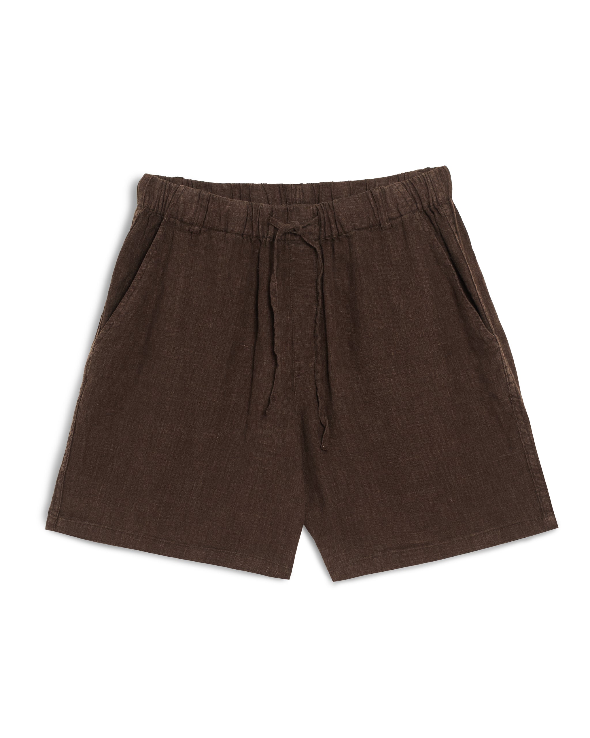 Bather men's dark brown linen short with drawstring on white backgroun