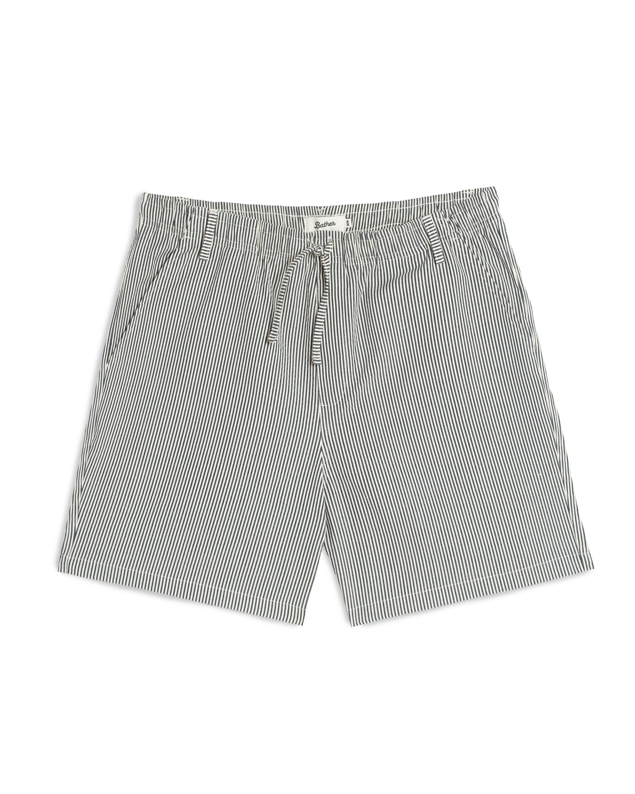 Bather men's navy pinstripe short with drawstring on white background
