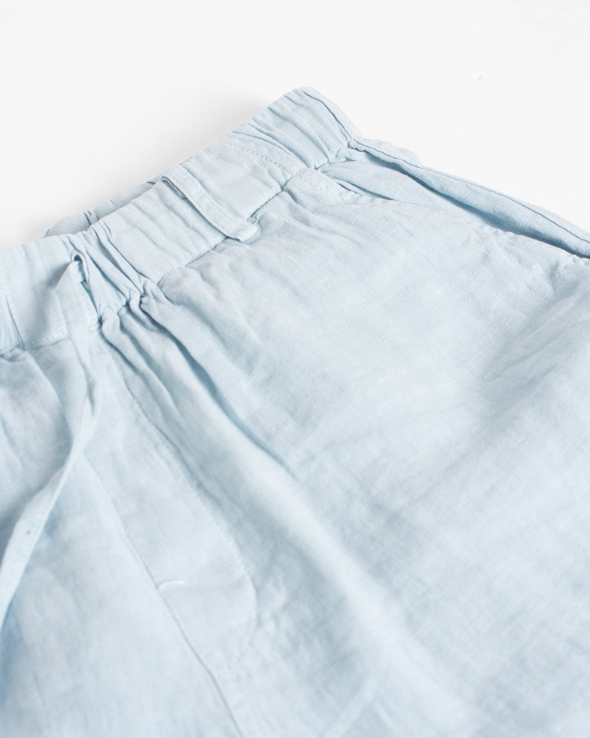 Closeup detail of waistband on Bather men's light blue linen short