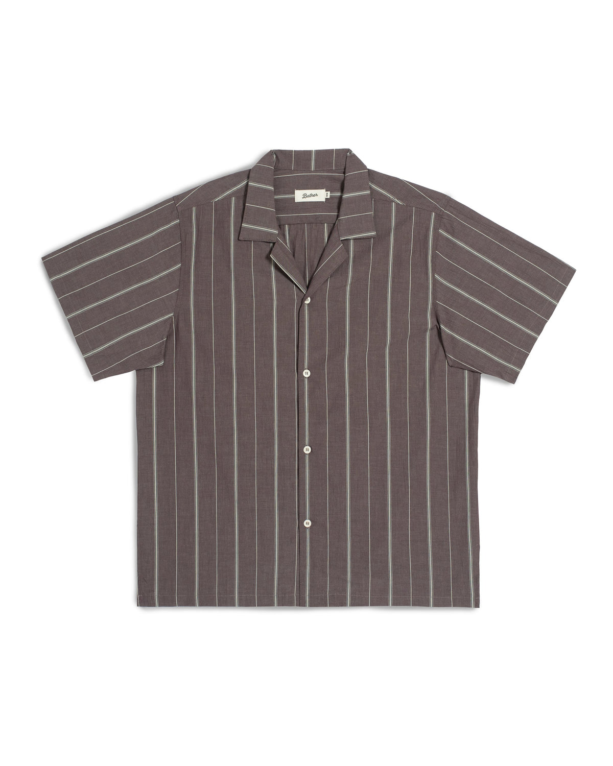 A short-sleeve button-up camp shirt in a dark brownish-gray color with thin vertical white stripes, laid flat against a white background.